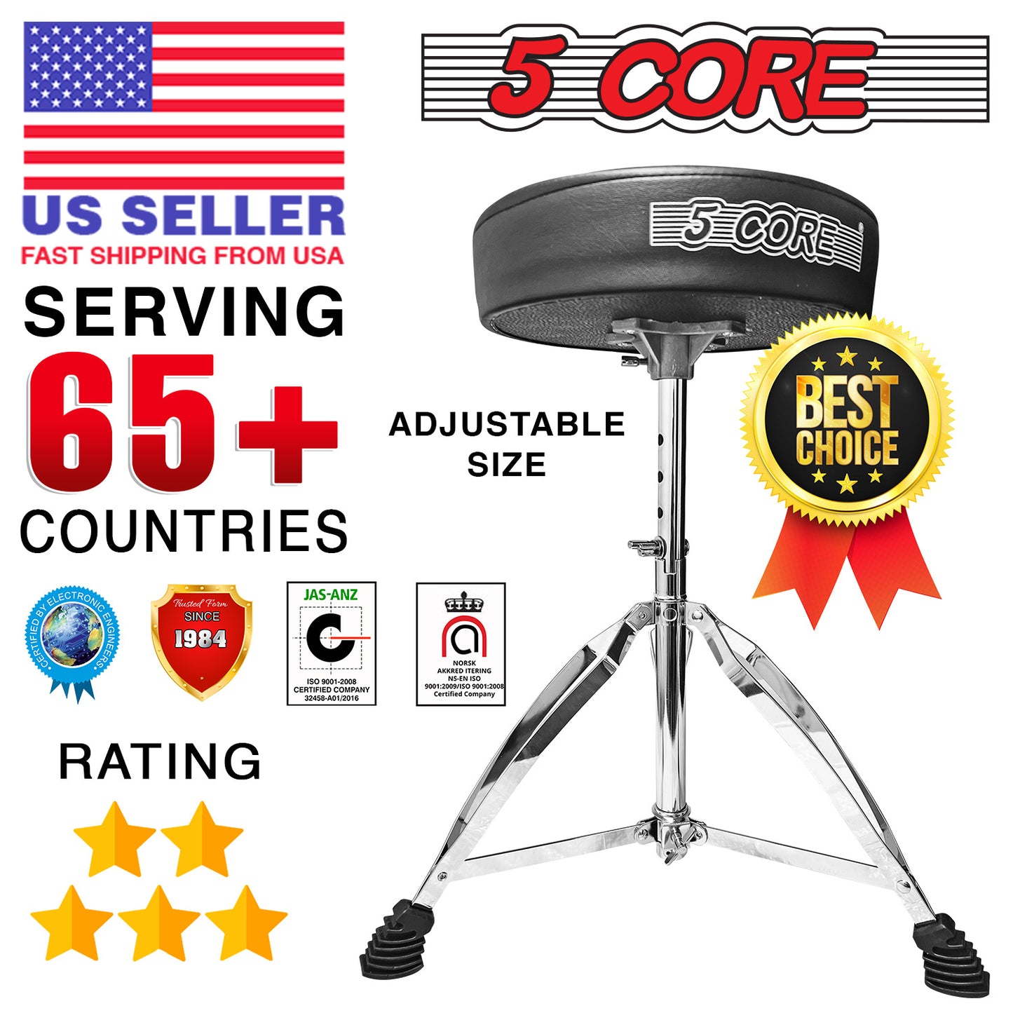 5 CORE Drum Throne Height Adjustable Guitar Stool Thick Padded Memory Foam DJ Chair Seat with Anti Slip Feet Multipurpose Musician Chair for Adults and Kids Drummer Cello Guitar Player - DS CH BLK