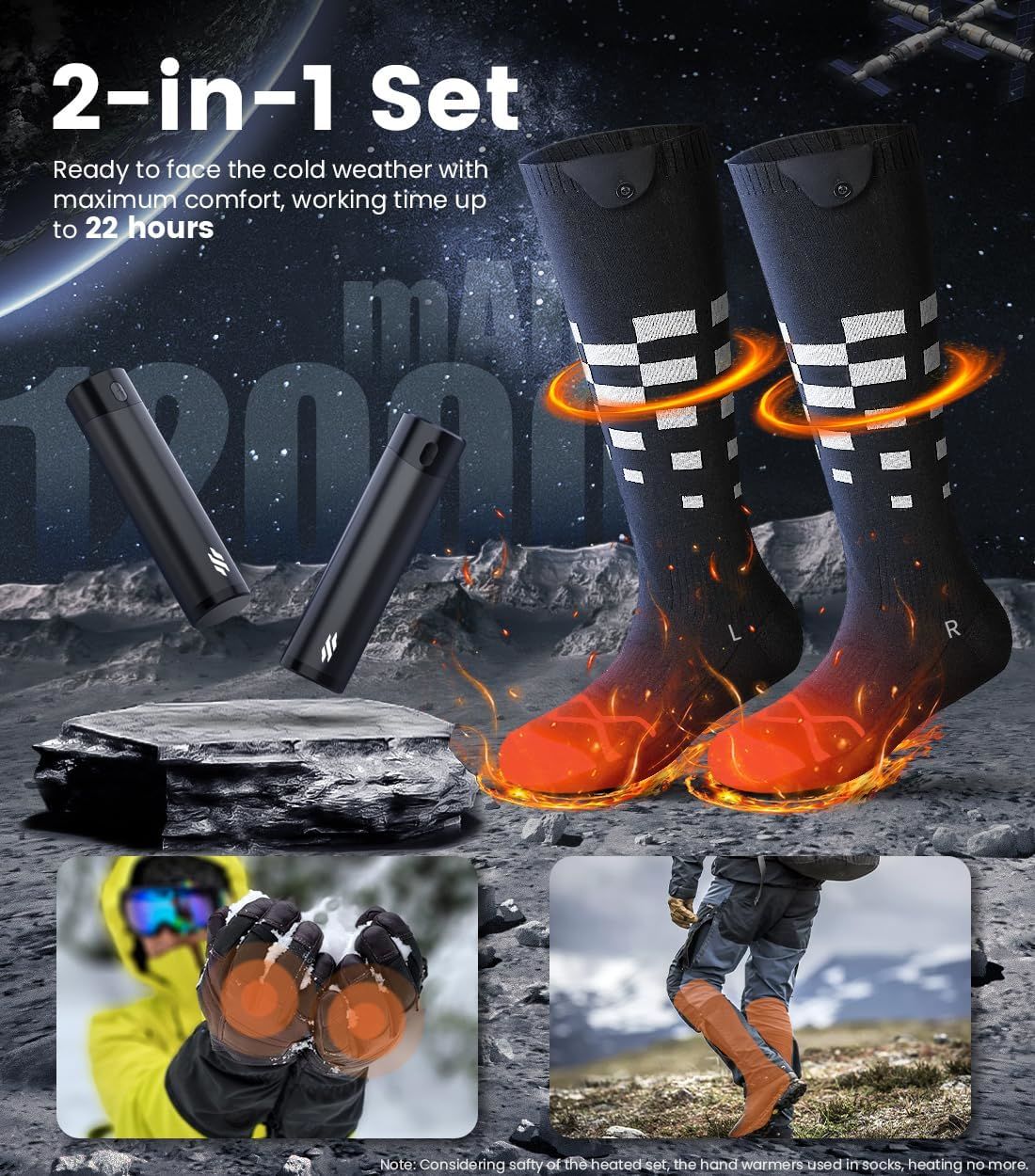 Heated Set Rechargeable - Heated Socks and Hand Warmers for Men - 2 Packs 6000mAh Electric Foot Warmers - Gifts for Camping, Hunting, Fishing and Outdoor Activities - Christmas Stocking Stuffers