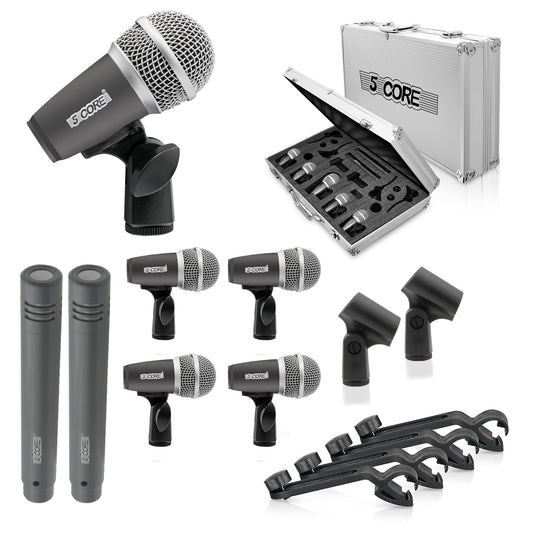 5 Core Drum Microphone Kit 7 Piece Full Metal Dynamic Wired Drums Mic Set for Drummers with Kick Bass Tom Snare + Carrying Silver Case Sponge & Thread Holder for Vocal & Instrument - DM 7RND