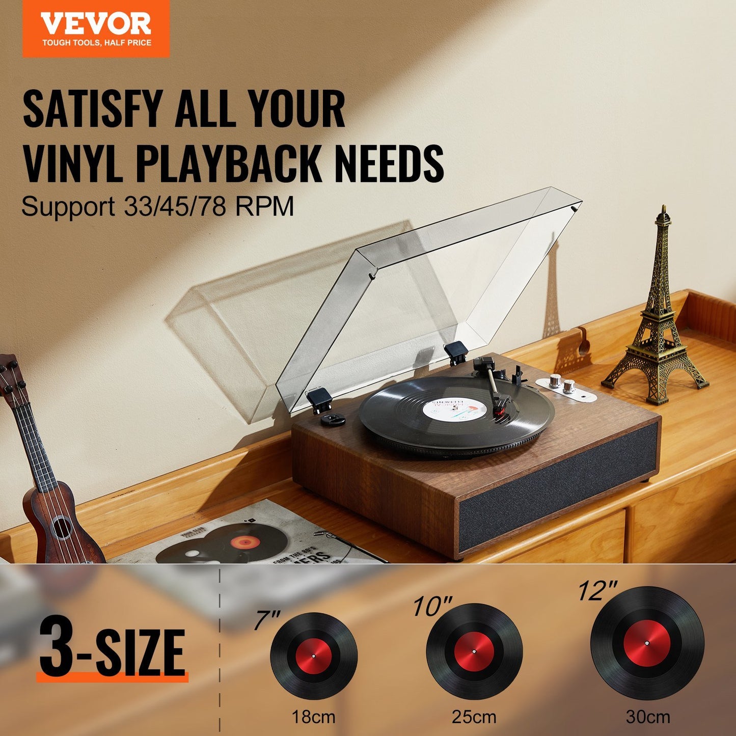 VEVOR Vinyl Record Player, 3-Speed, Belt Driven Turntable Player with Built-in 10W Stereo Speakers Magnetic Cartridge, Support 33/45/78 RPM Bluetooth Aux in RCA Output, for 7/10 /12 in Vinyl Records