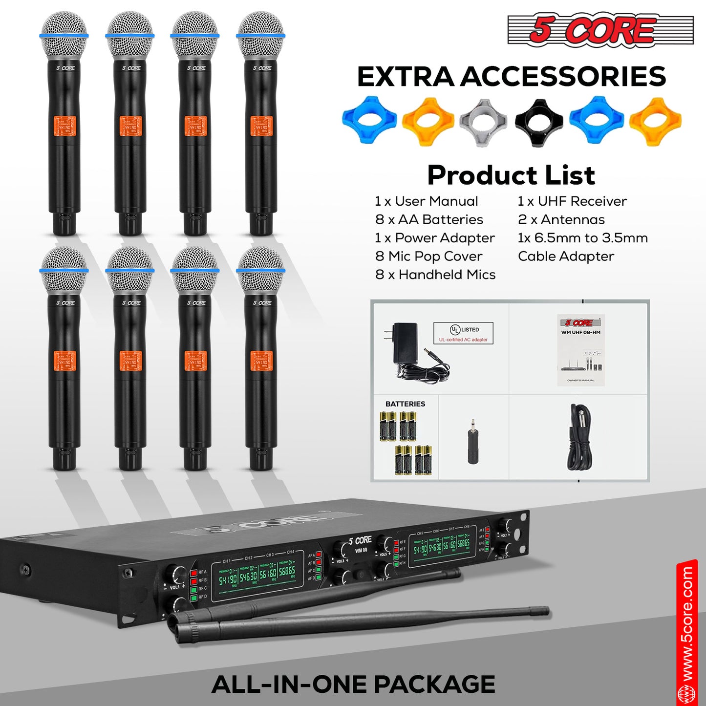 5 Core Wireless Microphones 8 Channel Dynamic Karaoke Professional UHF Singing Mic System Handheld Cordless Microfonos Inalambricos for Singer DJ Church - WM UHF HM