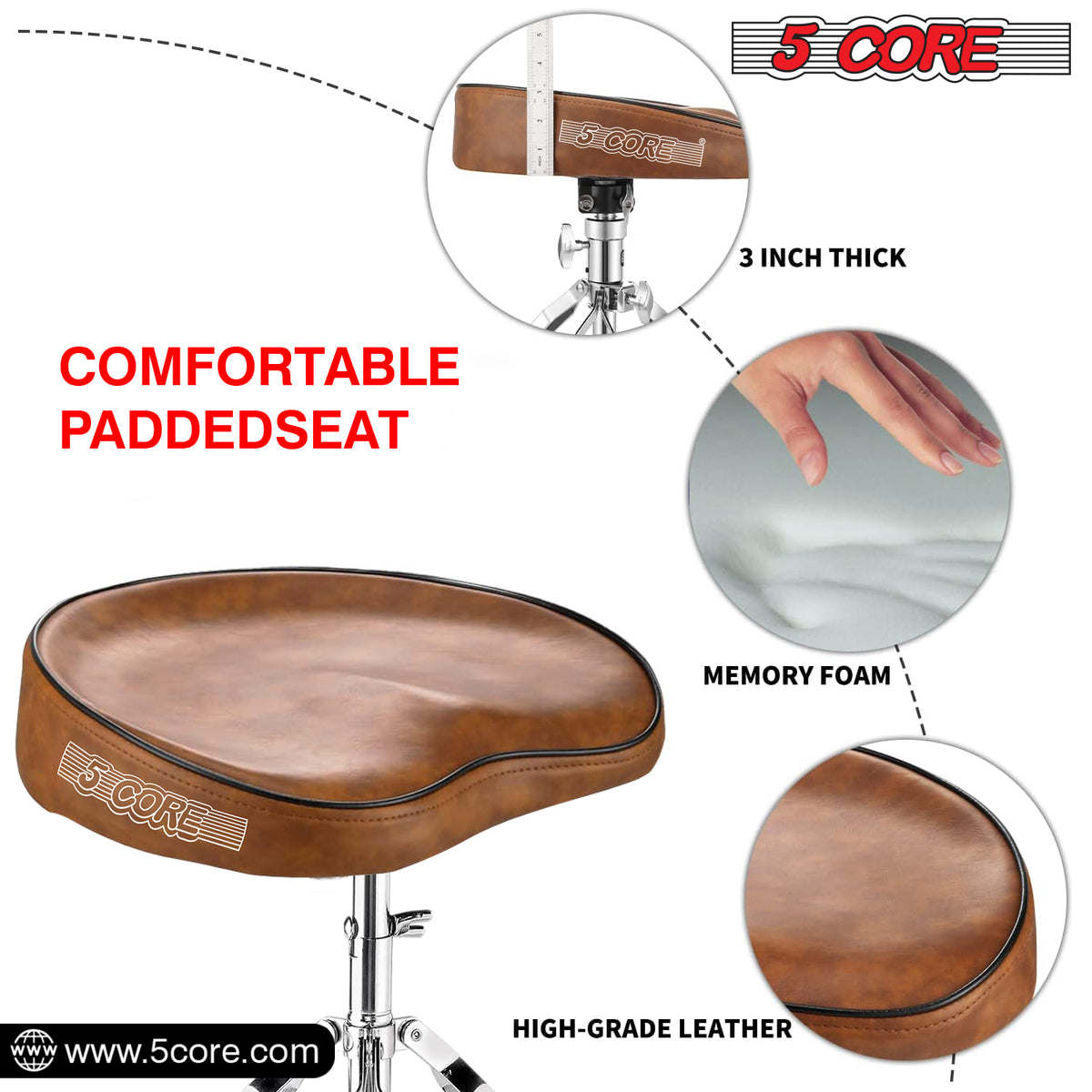 5 Core Drum Throne Saddle Brown| Height Adjustable Padded Drum Seat| Stools Chair Style with Double Braced Anti-Slip Feet, Comfortable Seat for Drummers, Guitar Players- DS CH BR SDL