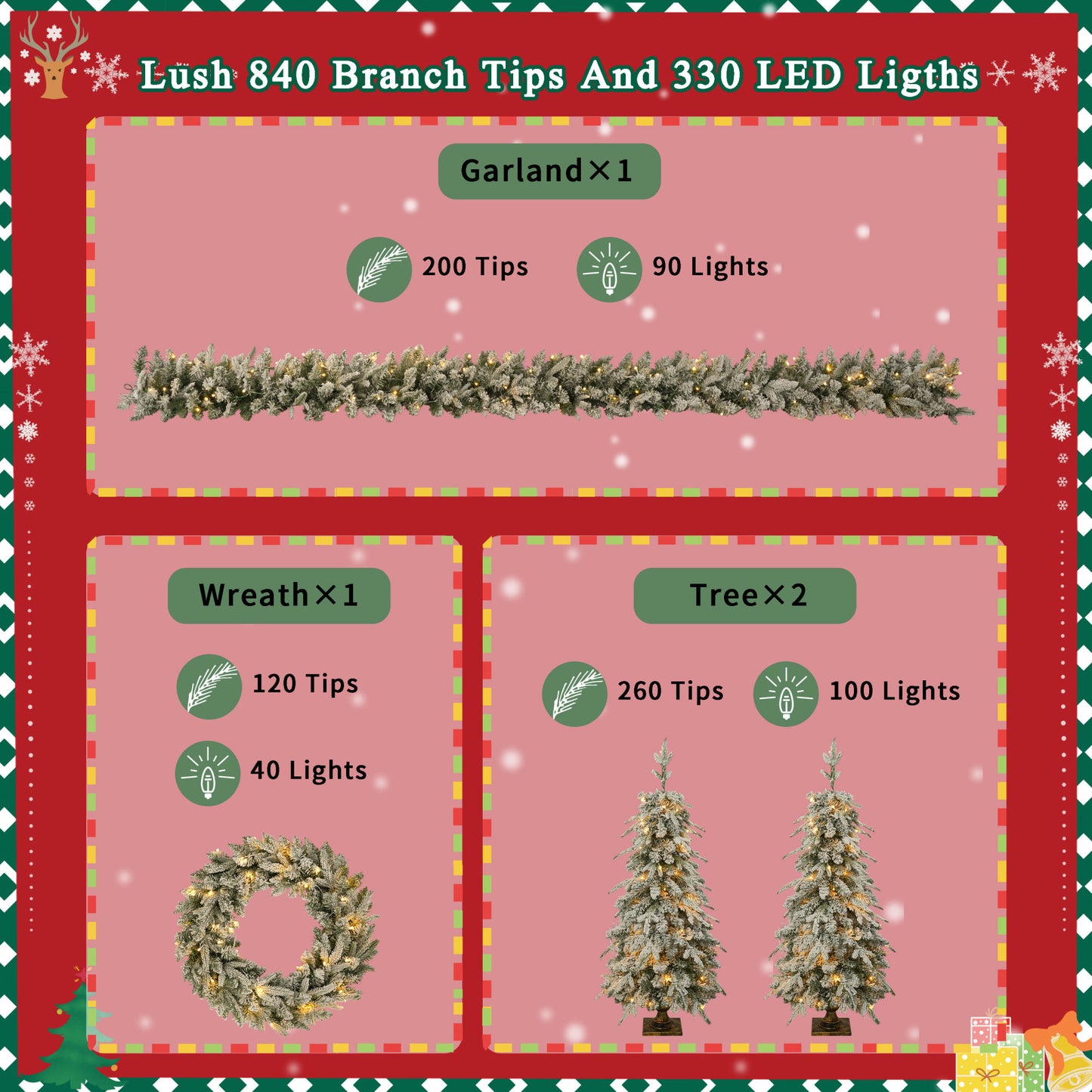 Pre-lit Christmas Artificial Tree 4-Piece Set, Garland, Wreath and Set of 2 Entrance Trees, X-mas with LED Lights, PVC Festival Celebration Set