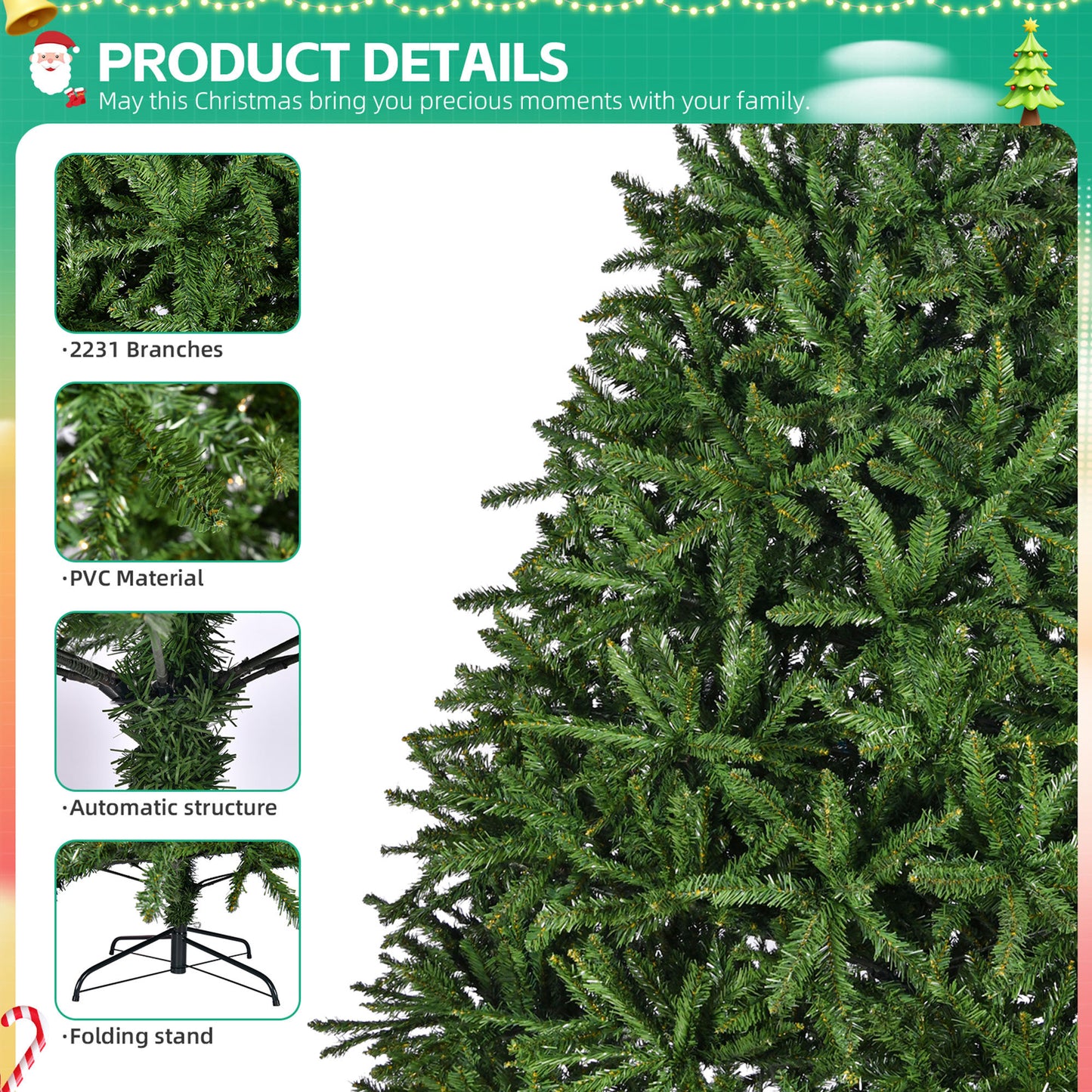 7ft Artificial Christmas Tree, Premium Unlit Hinged Spruce Full Tree with 2231 Branch Tips, Metal Stand