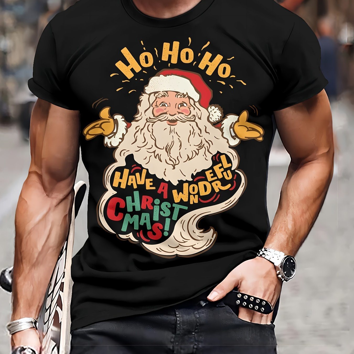 Men's Casual 3D Santa Claus Printed T-shirt - Made Of Polyester Knitted Fabric, Round Neck, Fitted Style, And Innovative Festive Christmas Clothing