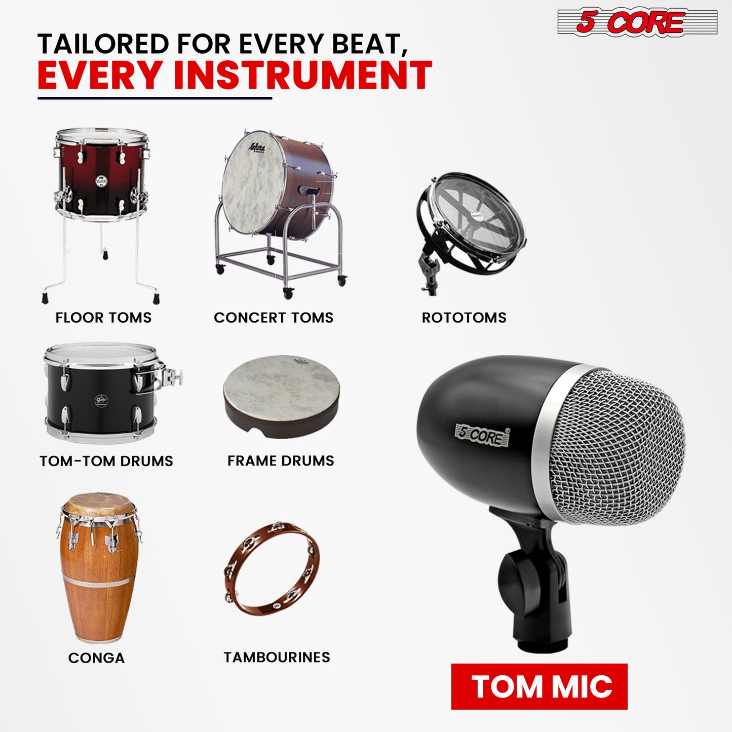 5 Core Drum Mic High Sensitivity Snare Tom Instrument Microphone with Dynamic Moving Coil Uni-Directional Pick Up Pattern Swivel Mount Durable Steel Mesh Grille -Tom MIC