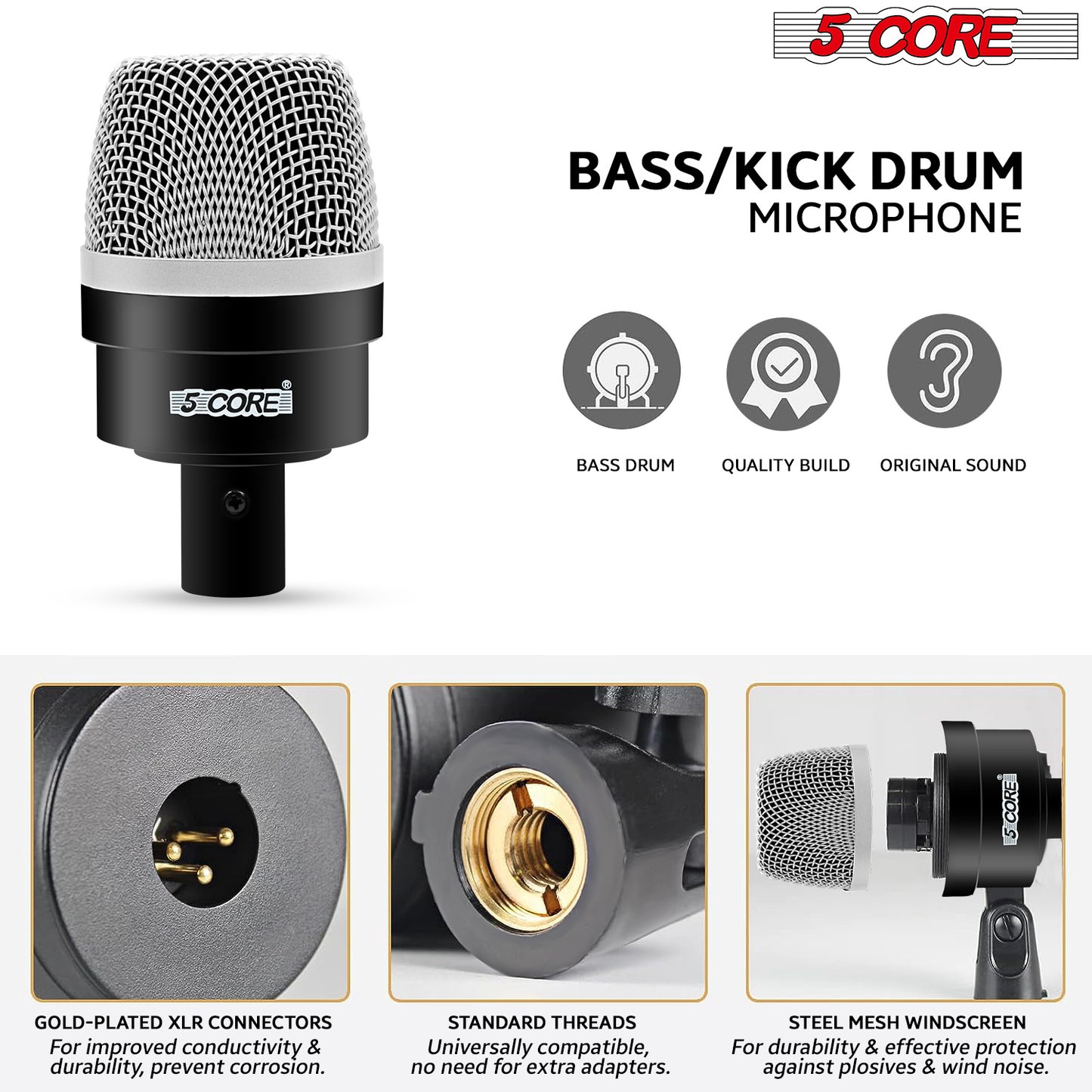 5 Core Drum Microphone Kit 7 Piece Full Metal Dynamic Wired Drums Mic Set for Drummers w Bass Tom Snare + Carrying Case Sponge & Mic Clamp for Vocal & Other Instrument Silver DM 7ACC