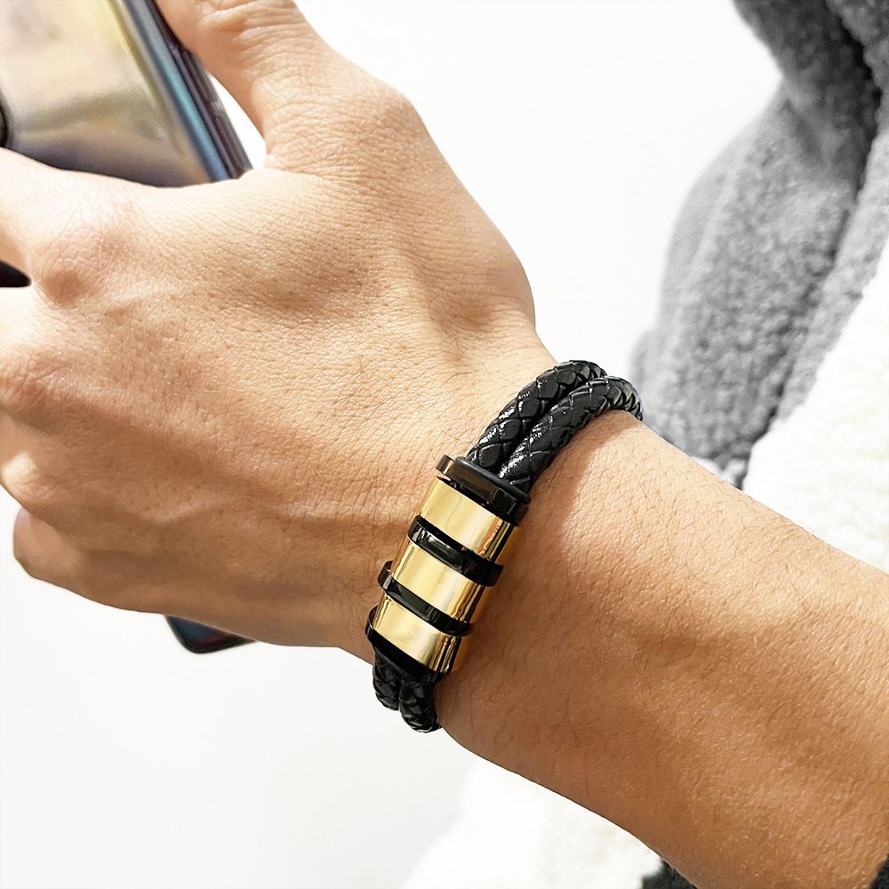 Black Leather Braided Bracelet with Stainless Steel Beads Cnasti Strings and Thangs
