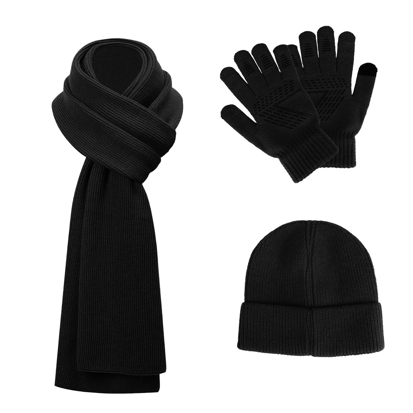 Winter Knitted Hat Scarf Gloves 3Pcs Winter Warm Beanie and Touch Screen Gloves Long Neck Scarf Set Knit Beanie Skull Cap Neck Warmer Anti-Slip Mittens for Men Women