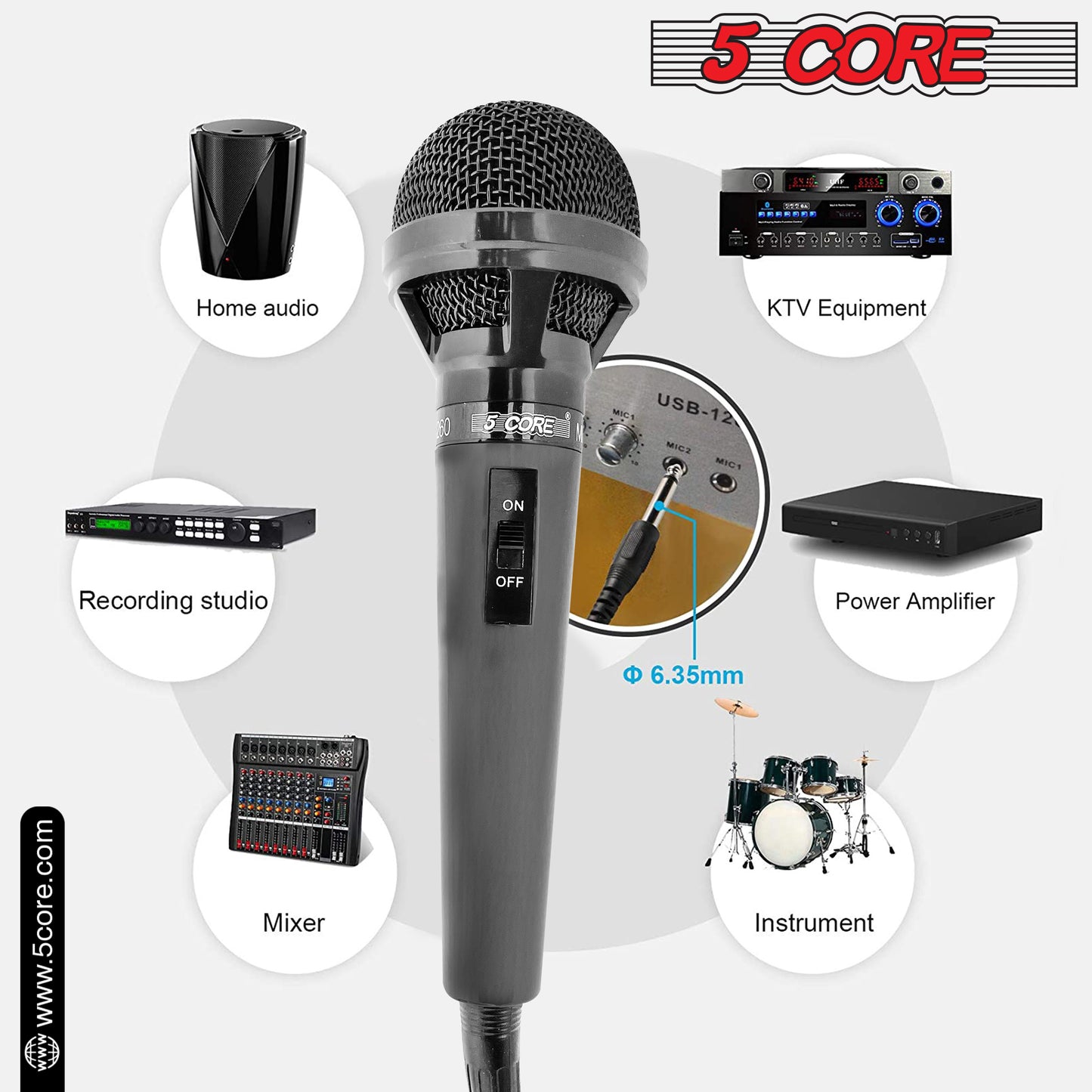 5 CORE Premium Vocal Dynamic Cardioid Handheld Microphone Neodymium Magnet Unidirectional Mic with 12ft XLR Deluxe Cable to ¼ Audio Jack, and On/Off Switch for Karaoke Singing (MIC 260)