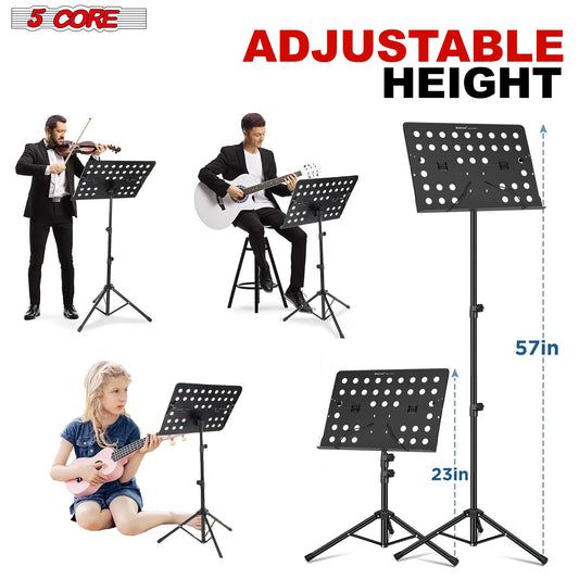 5 Core Sheet Music Stand Metal with Light Portable Violin Guitar Music Book Holder Paper clip Adjustable Foldable Music Stand with Carrying Bag for Instrumental Performance & Travel MUS FLD HD ACC