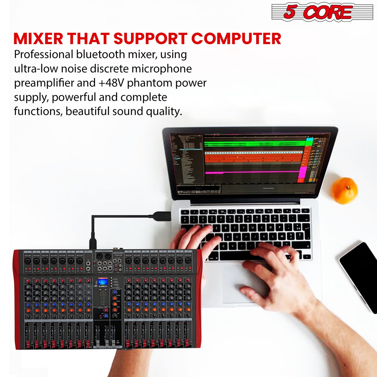 5 Core Audio Mixer DJ Equipment Digital Sound Board Karaoke XLR Mixers Professional 16 Channel Bluetooth USB w Effects for Recording Music Studio PC Podcast Instruments Consola De Sonido - MX 16CH