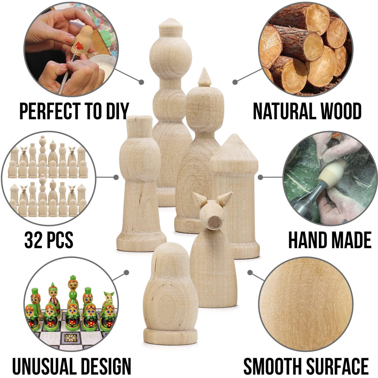 Unfinished Wood Chess Pieces Only Set of 32 pcs Paint Your Own Chess Set Blank Chess Sets for DIY Unfinished for Arts and Crafts