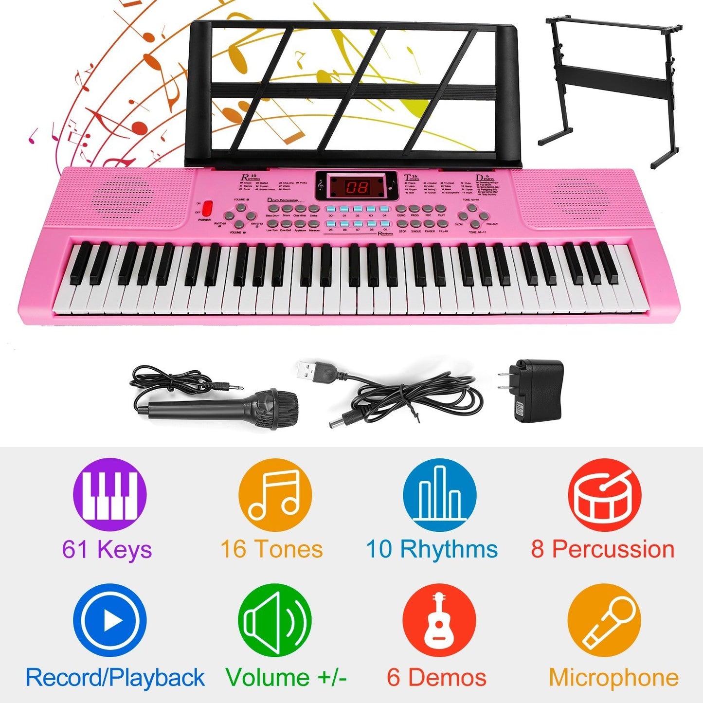 61 Keys Digital Music Electronic Keyboard Electric Musical Piano Instrument Kids Learning Keyboard w/ Stand Microphone