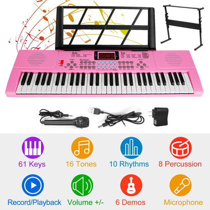 61 Keys Digital Music Electronic Keyboard Electric Musical Piano Instrument Kids Learning Keyboard w/ Stand Microphone