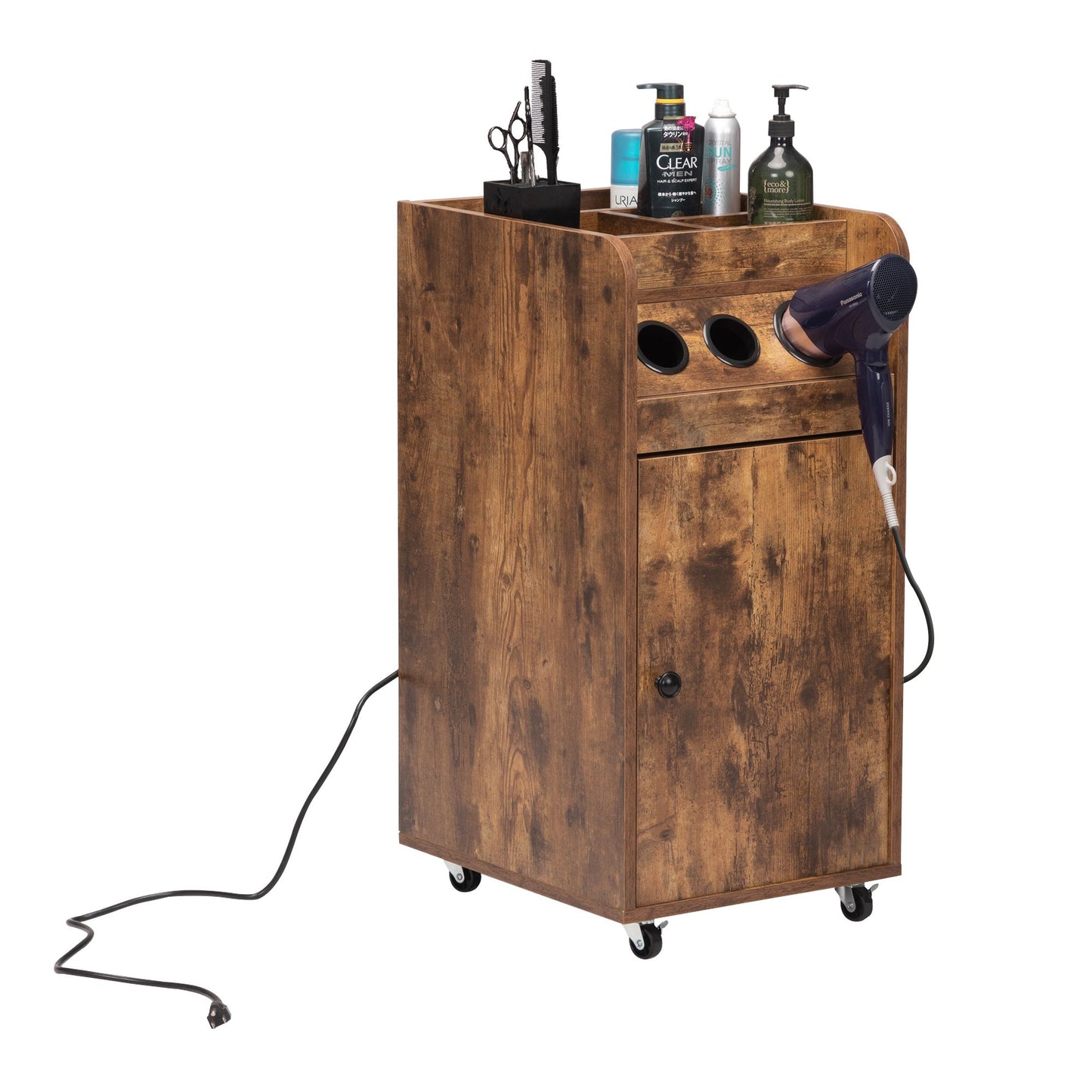 Beauty Salon Trolley;  Hair-dressing Tool Storage Cart with Hair Dryer Holders and Power Strip;  Rustic Brown