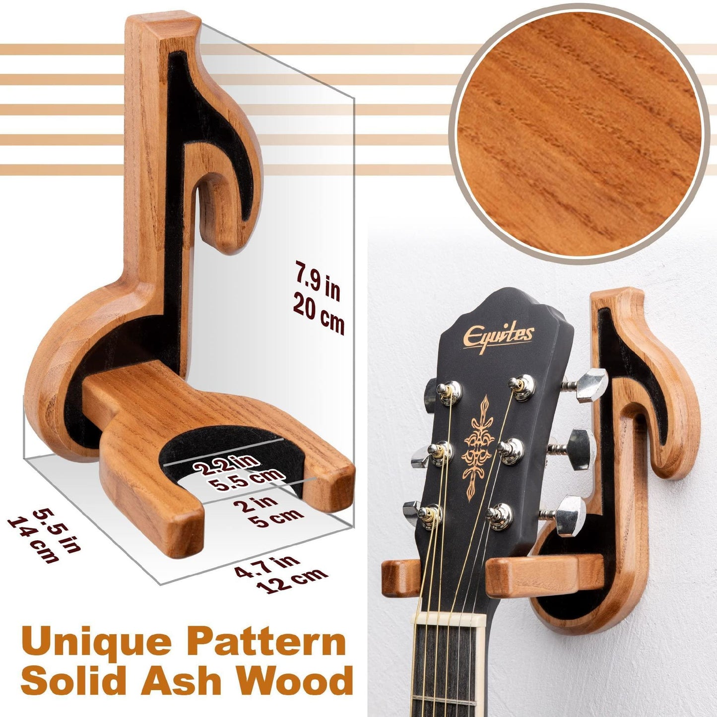 Guitar Holder Wall Mount Ash Wood Wooden Guitar Hanger Hook Stand Rack Guitar Hanger for Electric Classic Acoustic and Bass Guitar Musical Instruments Hardwood