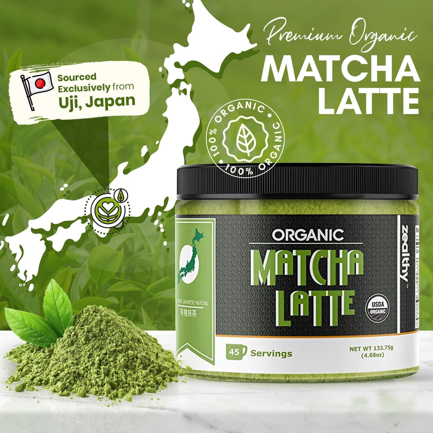 Organic Matcha Latte Pure Japanese Tea Blend with Ashwagandha and Maca Matcha Tea Powder with Natural Coconut Milk and Vanilla No Added Sugar 4.68 oz 45 Servings