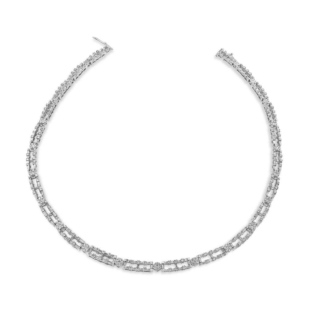 AGS Certified 14K White Gold 8 1/2 Cttw Diamond Alternating Bar and Floral Cluster Link 18" Choker Necklace (G-H Color, SI2-I1 Clarity)