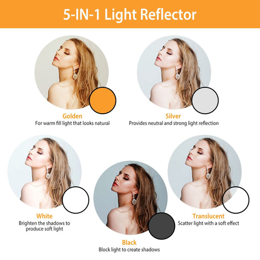 5 In 1 Photography Round Light Reflector Collapsible Multi Disc Light Diffuser w/ Storage Bag Translucent Silver Gold White Black 5 Colors Reflector Disc Holder Clip