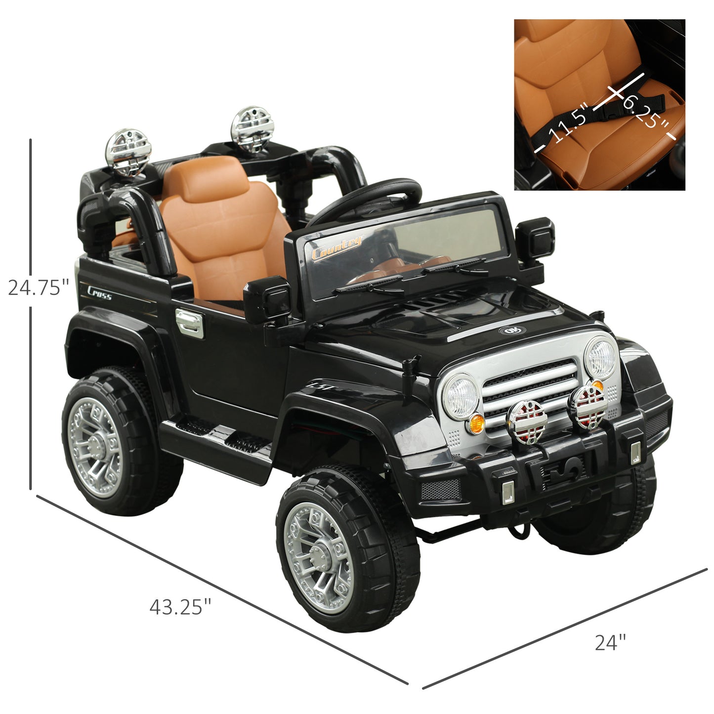 Kids Ride-on Car, Off-Road Truck with MP3 Connection, Working Horn, Steering Wheel, and Remote Control, 12V Motor, Black