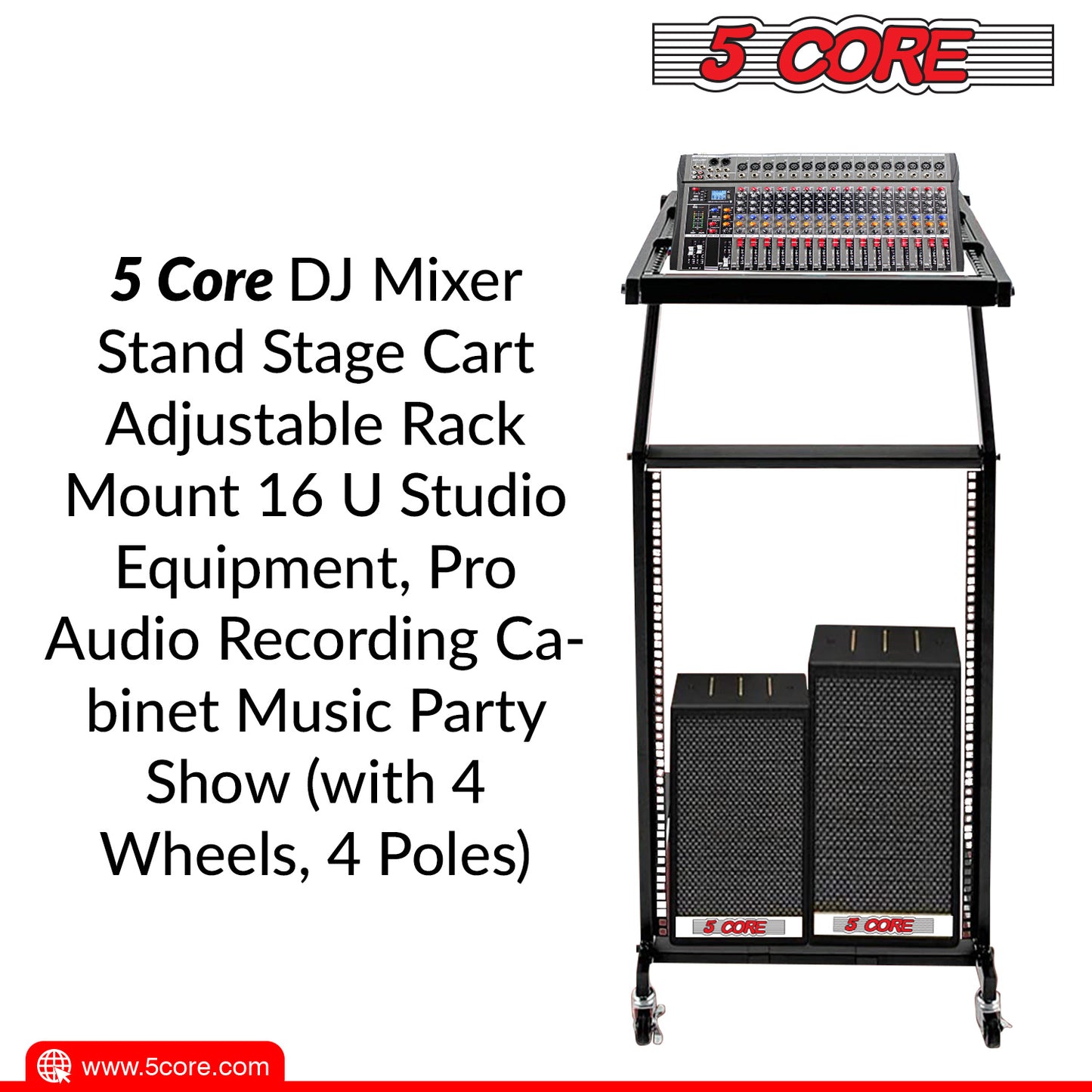 5 Core 16U Professional Rack Mount Stand DJ Mixer Case Studio Equipment Adjustable Stage Cart with Wheels Music Party Show Black RACK STAND 16U