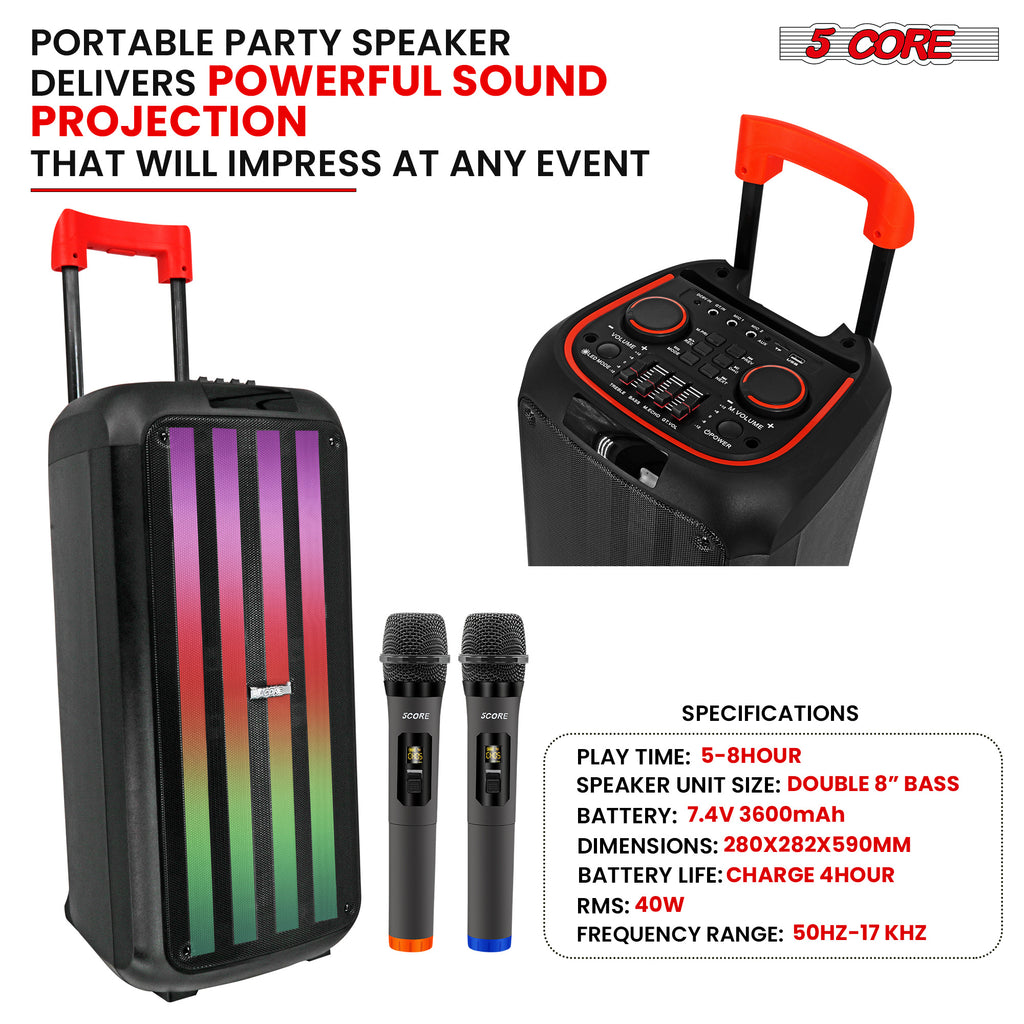 5 Core Bluetooth Speaker Karaoke Machine • 8" 3 Way Speaker • Portable Singing PA System • w DJ Light • FM + TWS + USB + SD Card + AUX + REC • Party Speakers Include Two Wireless Mics- PLB 8X2 2MIC