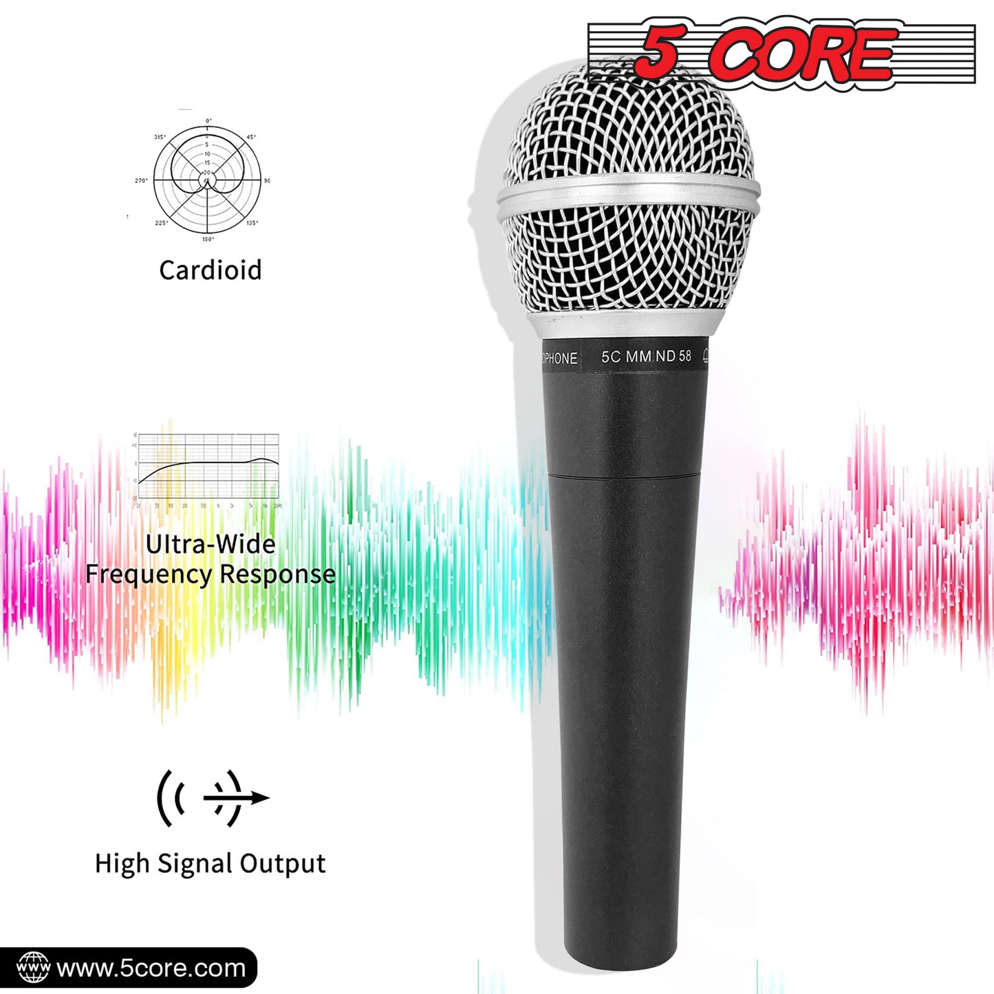 5 CORE Premium Vocal Dynamic Cardioid Handheld Microphone Neodymium Magnet Unidirectional Mic, 16ft Detachable XLR Deluxe Cable to ¼ Audio Jack for Karaoke, Singing W/Mic Clip, Bag ND 58S