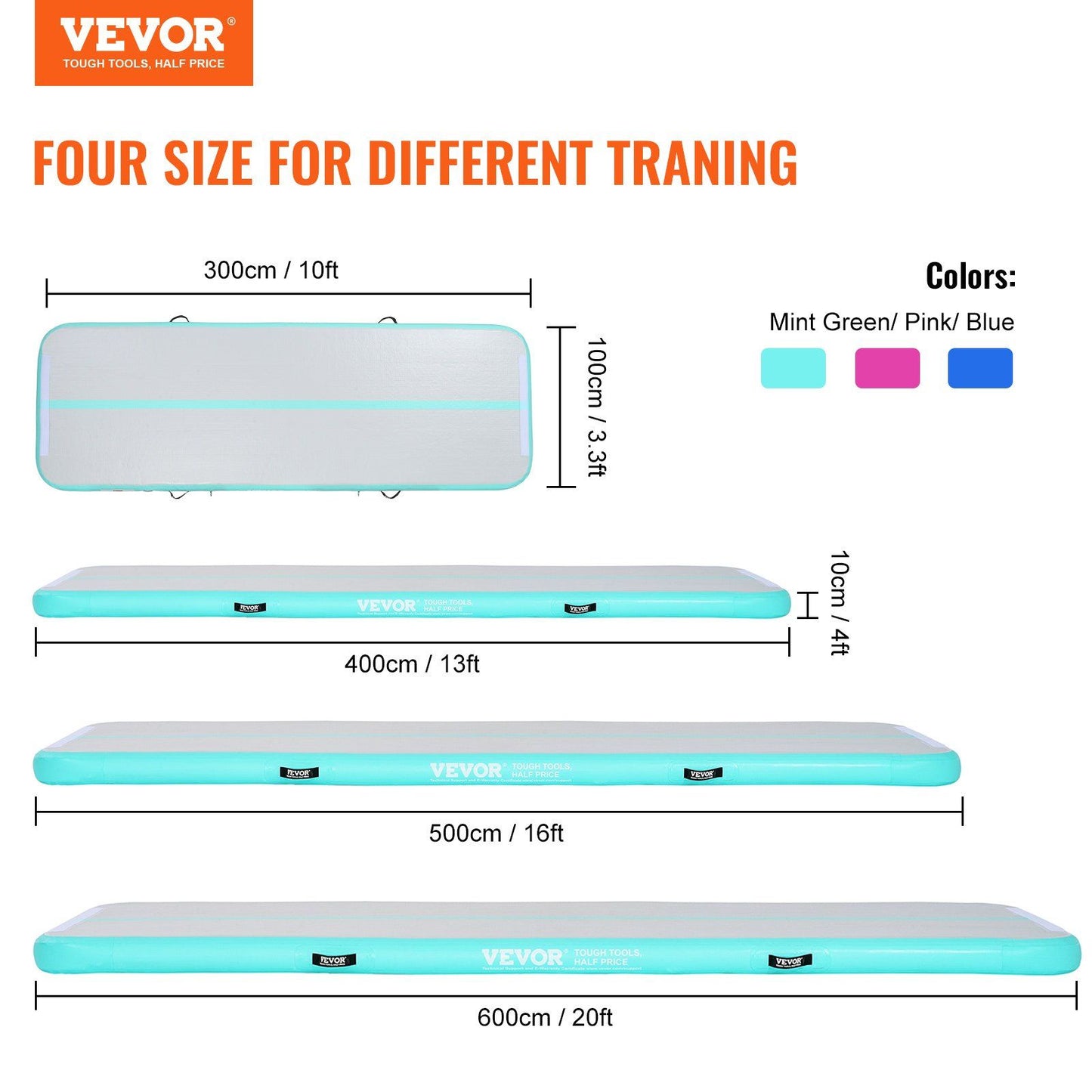 VEVOR Gymnastics Air Mat, 4 inch Thickness Inflatable Gymnastics Tumbling Mat, Tumble Track with Electric Pump, Training Mats for Home Use/Gym/Yoga/Cheerleading/Beach/Park/Water, 13 ft, Mint Green