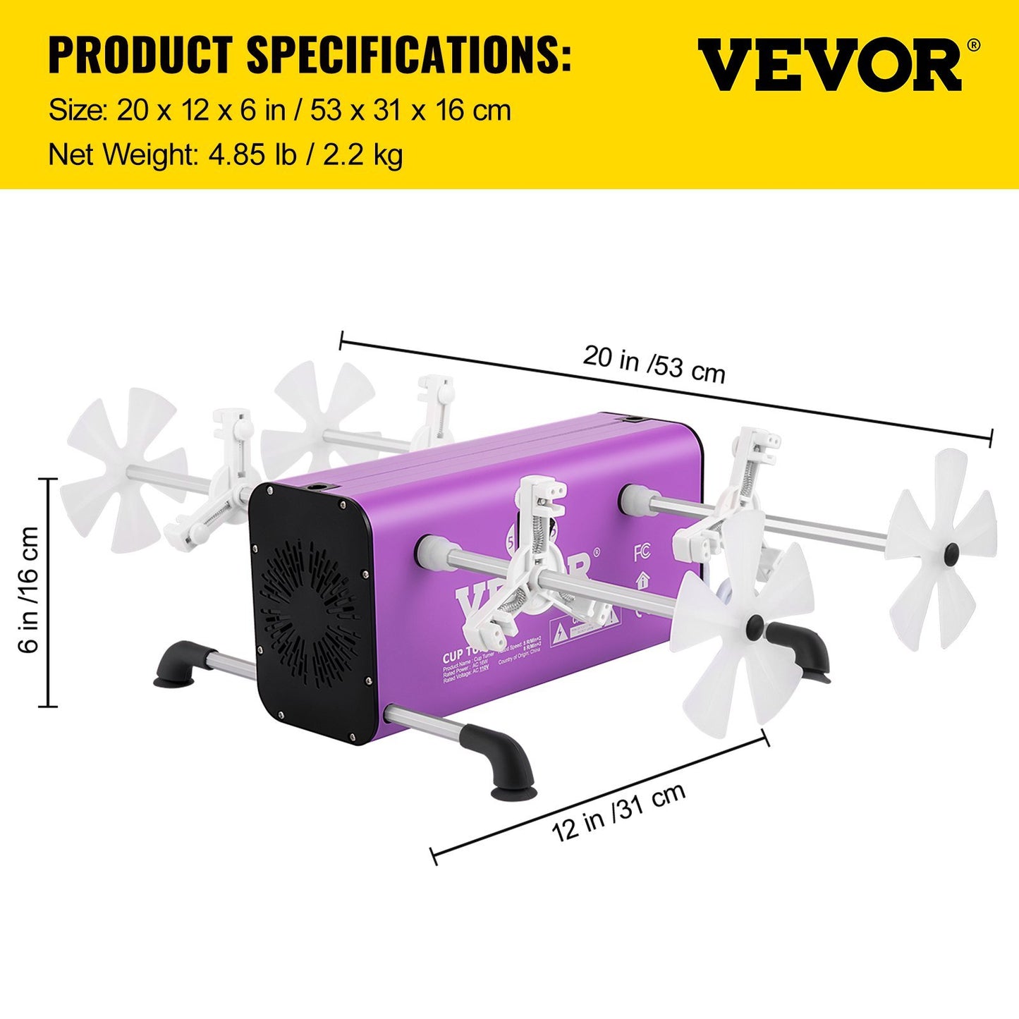 VEVOR 4 Cup Turner, 2 Speeds Multiple Tumbler Spinner Rotator Machine Kit with 4 Removable and Adjustable Arms, Mute Motor, Aluminum Alloy Frame, 4 Independent Switches for DIY Glitter Crafts(Purple)