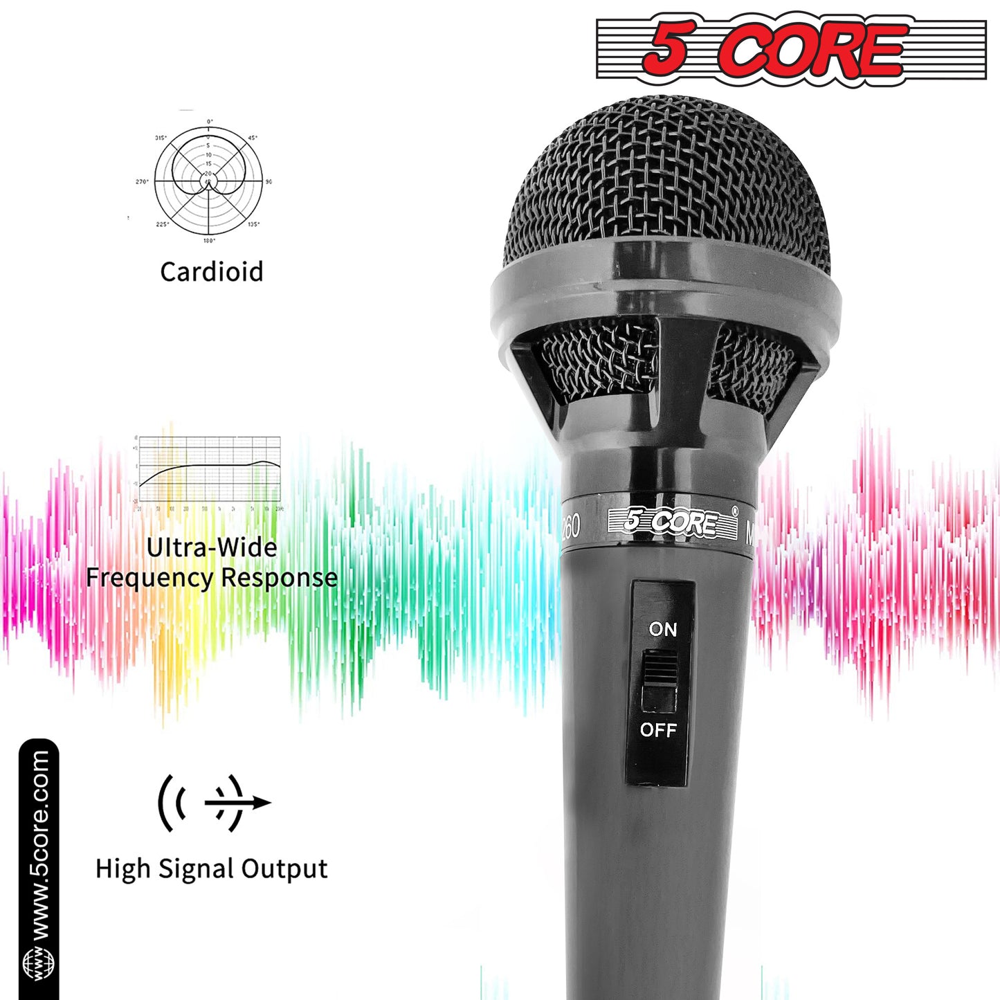 5 CORE Premium Vocal Dynamic Cardioid Handheld Microphone Neodymium Magnet Unidirectional Mic with 12ft XLR Deluxe Cable to ¼ Audio Jack, and On/Off Switch for Karaoke Singing (MIC 260)