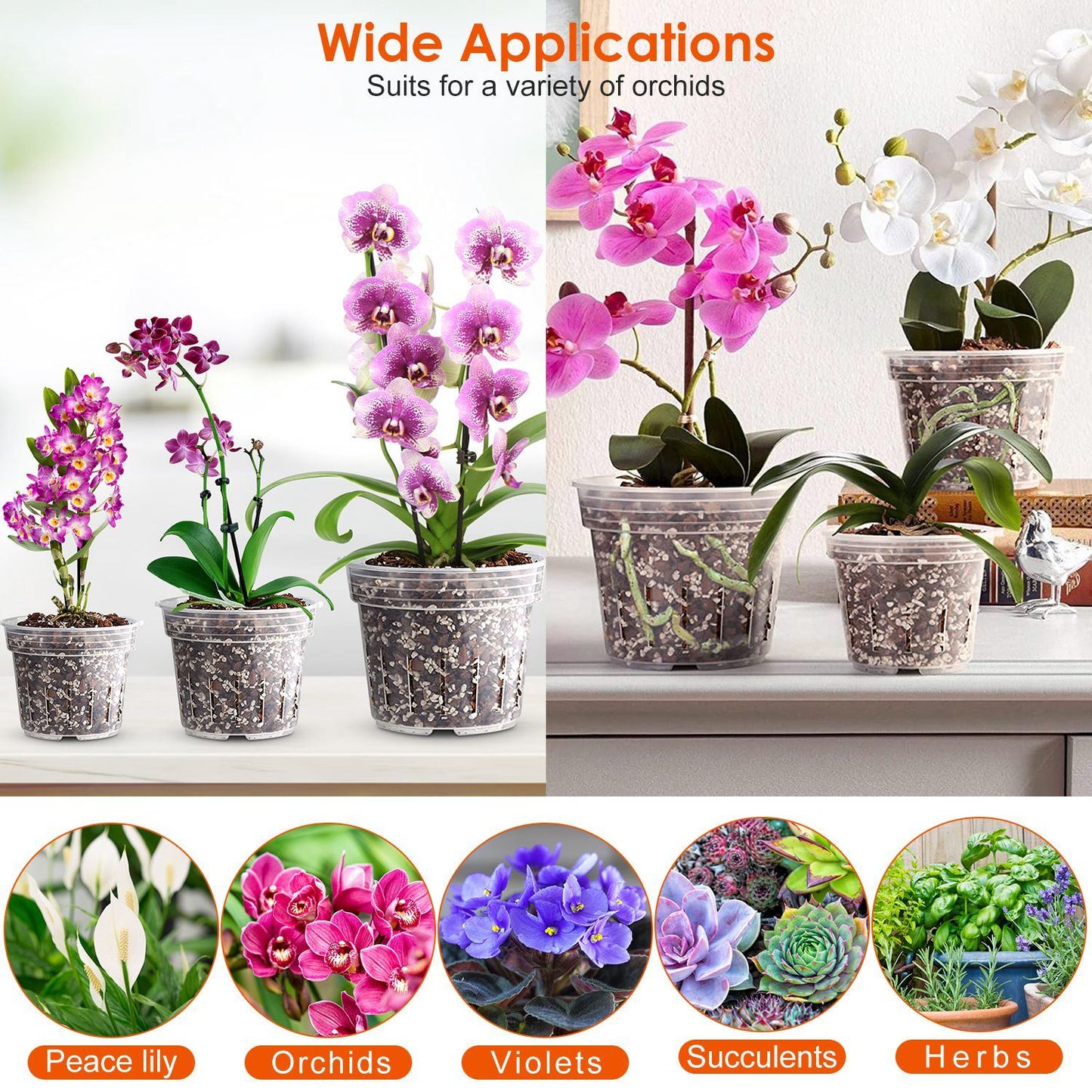 9Pcs Orchid Pots Clear Reusable Plastic Flower Plant Nursery Planter Seed Starter Pots with Drainage Holes with 32.8FT Rope