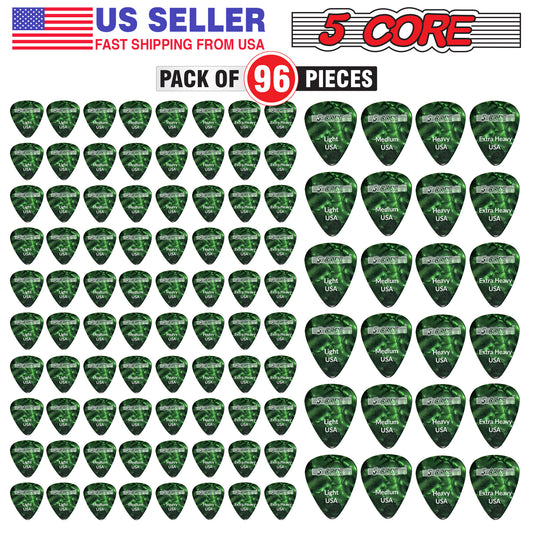 5 Core Guitar Picks | Green Color Picks for Guitar 96 Pieces | Light, Medium, Heavy, and Extra Heavy Gauge| Durable Premium Celluloid Guitar Picks 0.46mm to 1.2mm- G PICK ALL GR 96PK