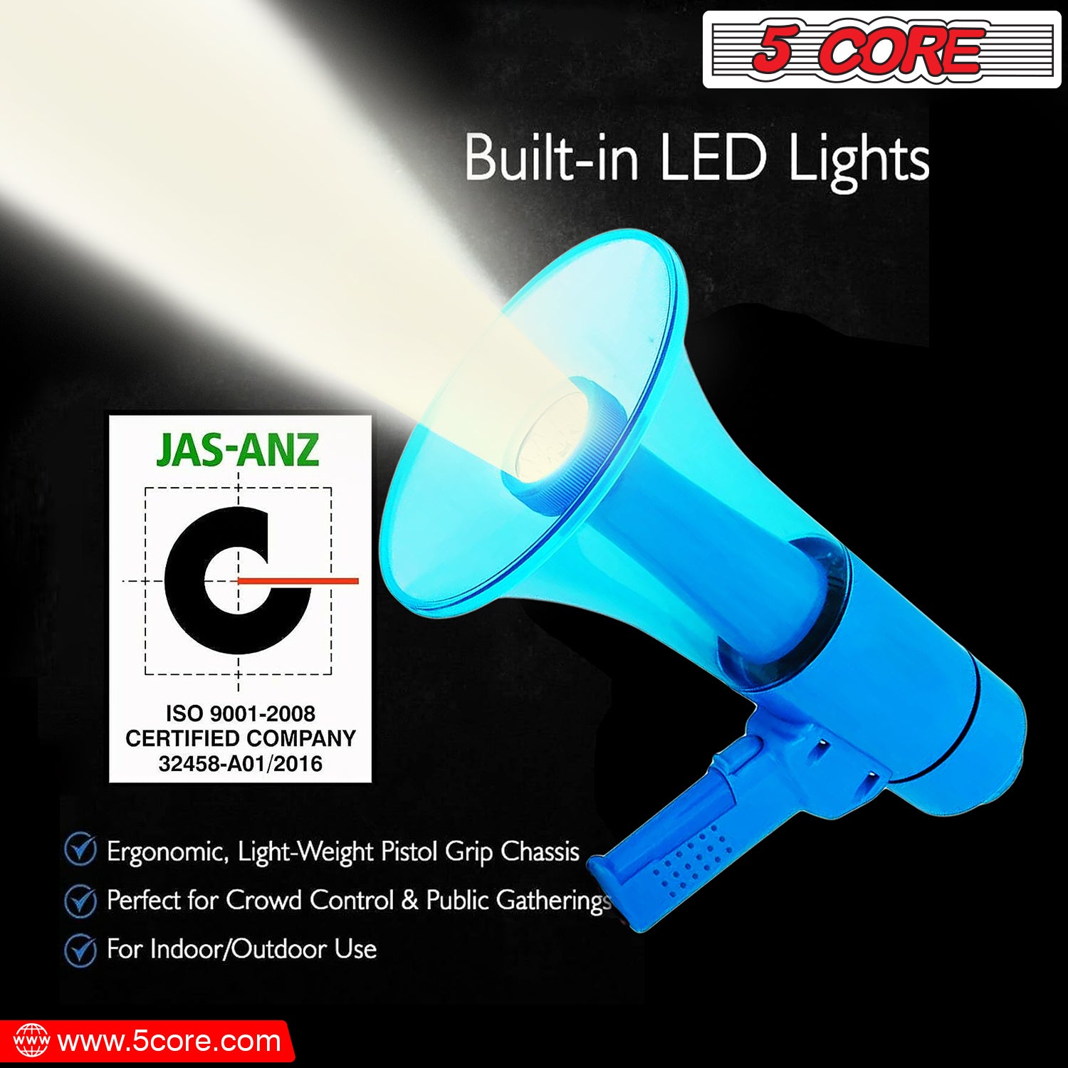 5 CORE 40W Waterproof Megaphone Bullhorn Flashlight PRO Fire Army Grade - Battery + LED Light + Adj Volume + Siren Handheld Lightweight for Water Sports Boat Speaker-HW 18 WP