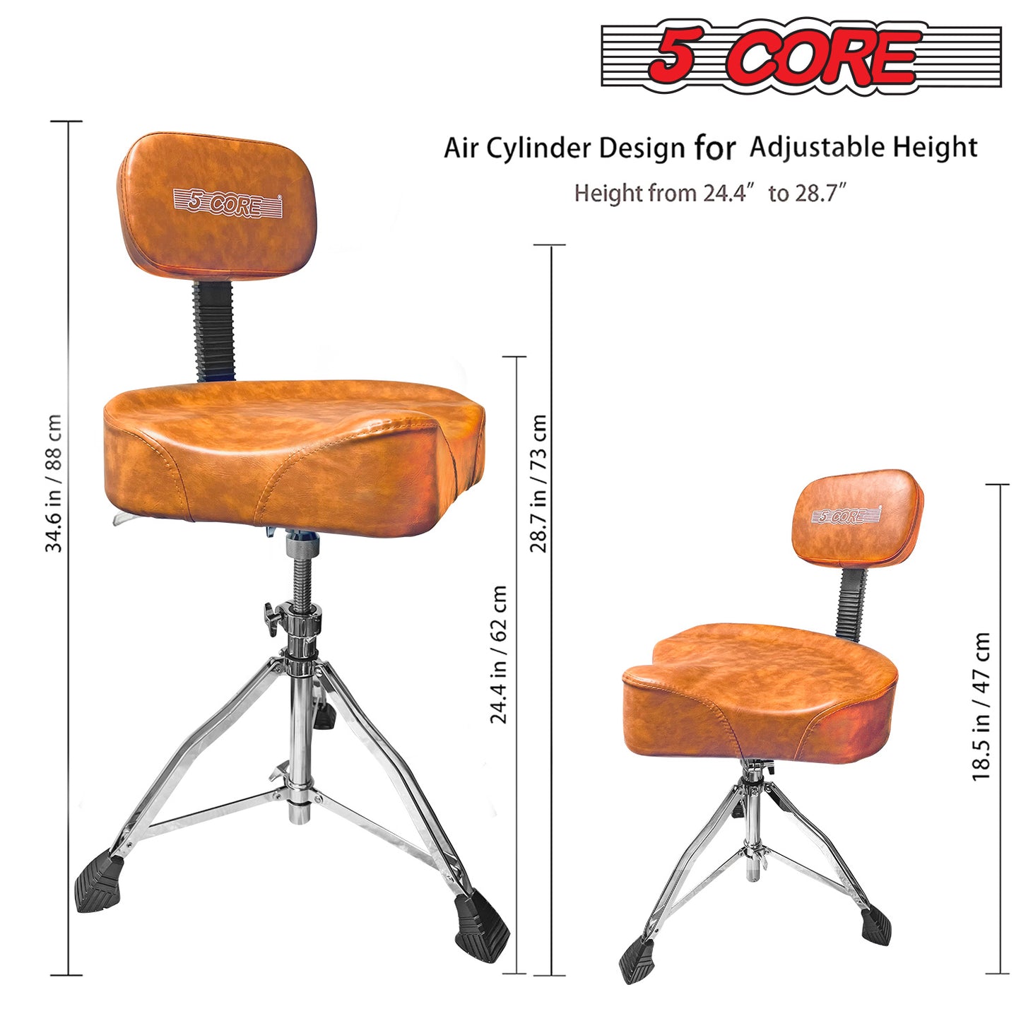 5 CORE Drum Throne with Backrest Brown Thick Padded Saddle Drum Seat Comfortable Motorcycle Style Drum Chair Stool Height Adjustable Double Braced Tripod Legs for Drummers - DS CH BR REST