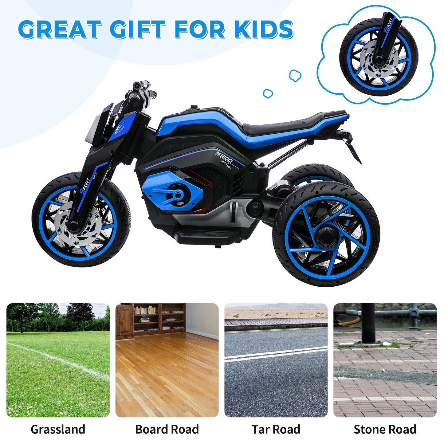 12V Three-wheel Ride On Motorcycle, Kids Electric Motorbike with Horns, LED Lights, Gift for Kids 3-8 Years,Blue