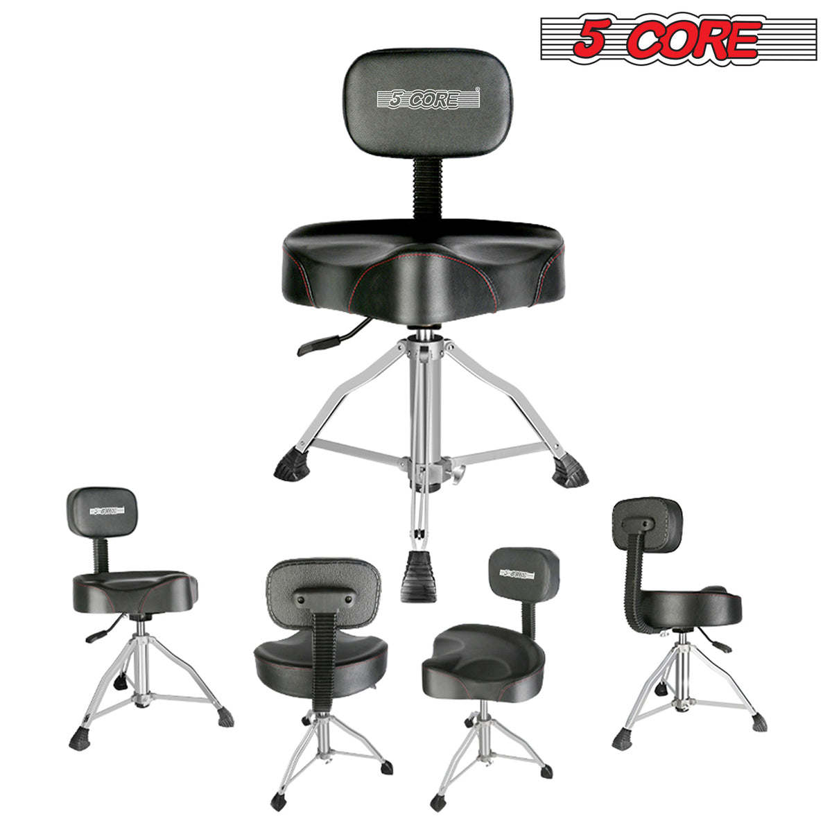 5 Core Drum Throne with Backrest Black Thick Padded Saddle Drum Seat Comfortable Motorcycle Style Drum Chair Stool Air Adjustable Double Braced Tripod Legs for Drummers - DS CH BLK Rest LVR