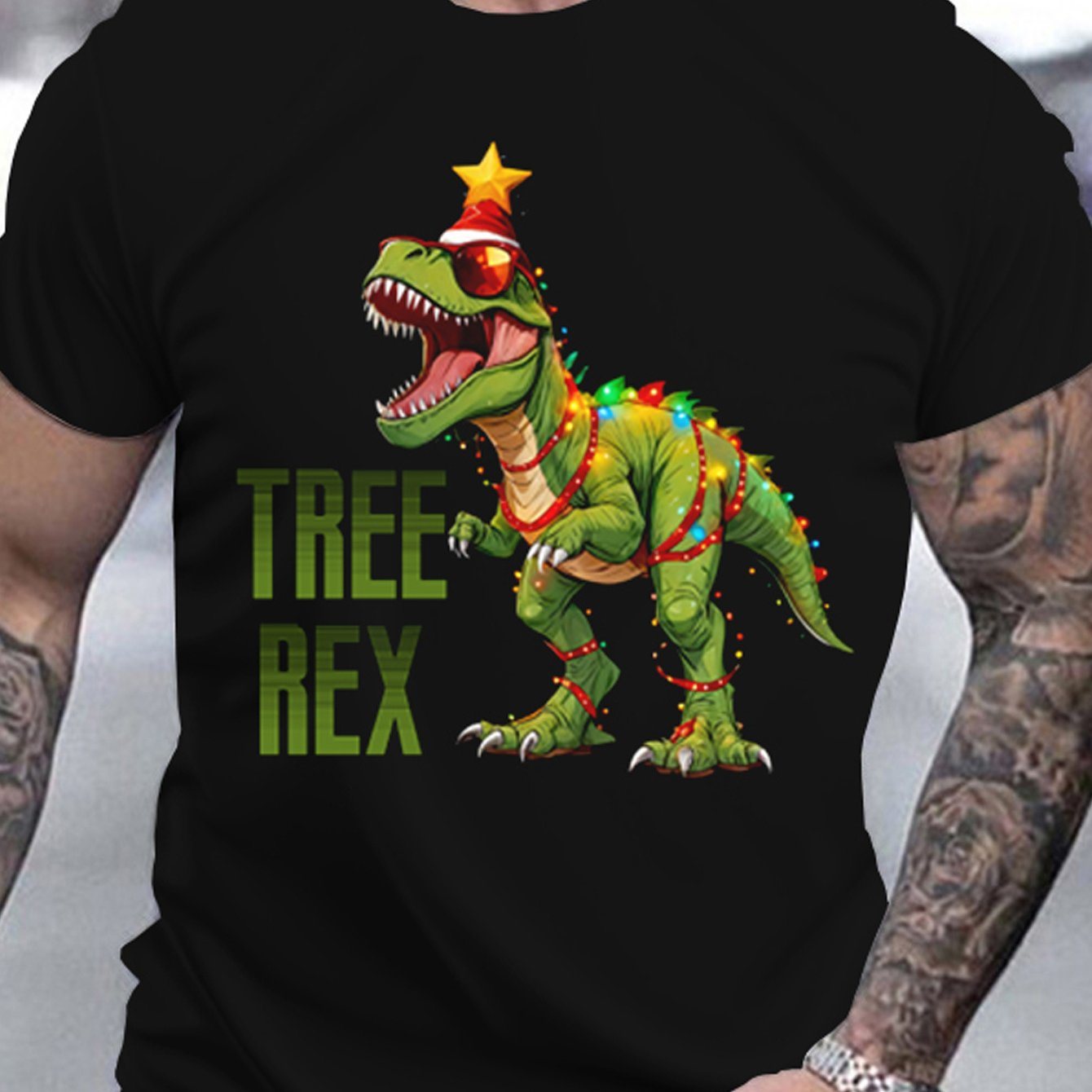 3D Printed Festival Christmas Tree Dinosaur T-shirt - Men's Casual Summer Top, Round Neck Short Sleeve