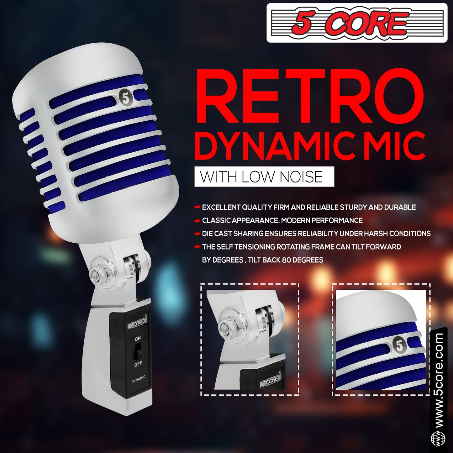 5 CORE Classic Retro Dynamic Vocal Microphone Old Vintage Style Unidirectional Chrome Cardioid Professional Noise Reduction Mic for Instrument Live Performance Prop Studio Recording - RTRO MIC CH BLU