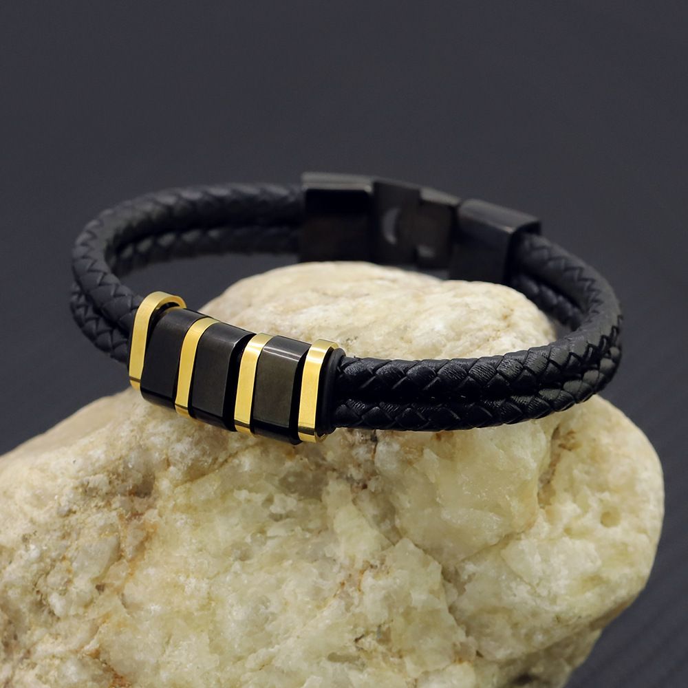 Black Leather Braided Bracelet with Stainless Steel Beads Cnasti Strings and Thangs