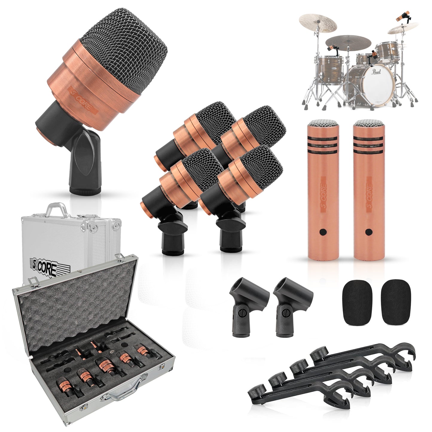 5 Core Drum Microphone Kit Copper Finish 3 Pieces Drumming Mics Full Metal Wired Dynamic Instrument Mic Set for Bass Tom Snare Cymbals - DM 7XP COPPEREX