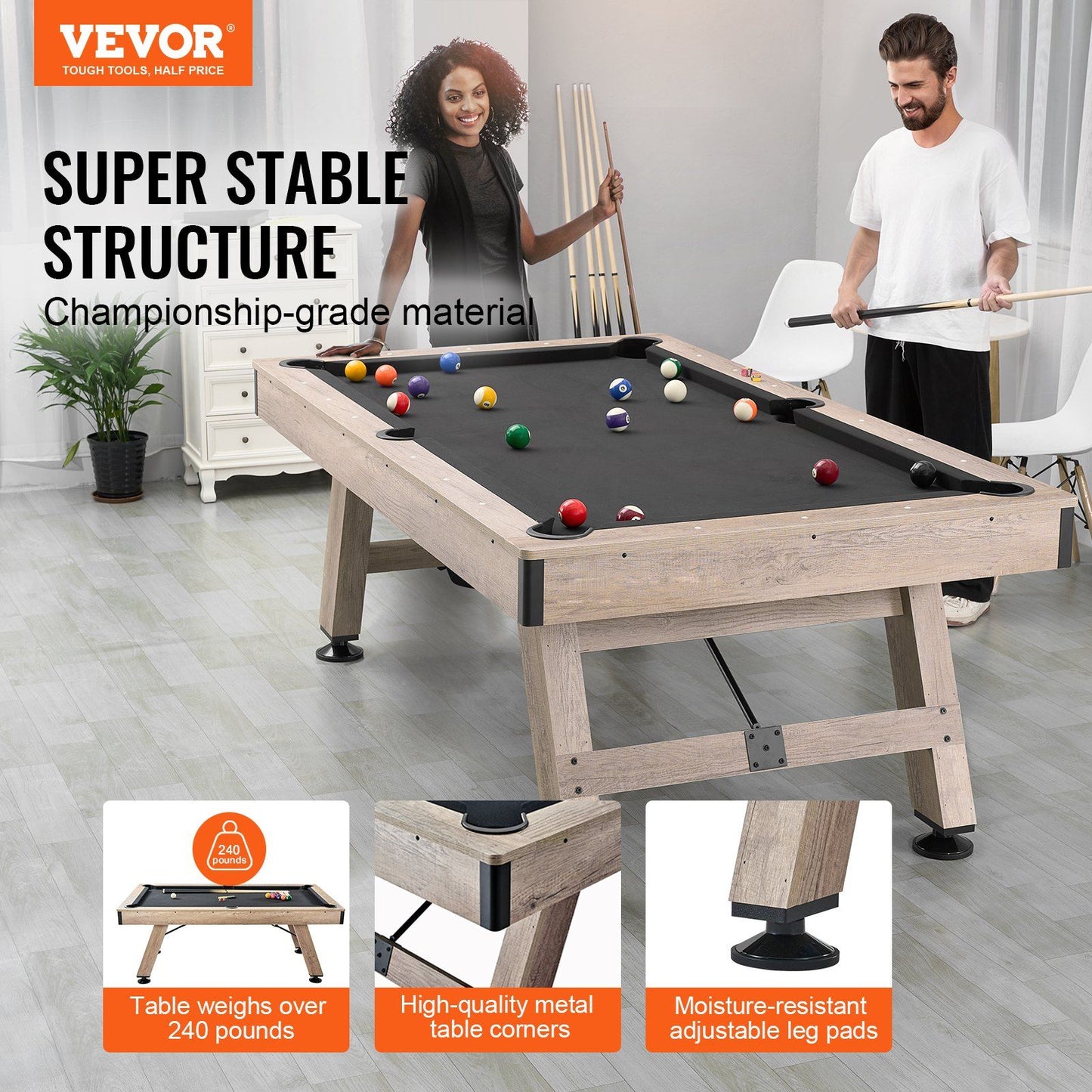 VEVOR Billiards Table, 7 ft Pool Table, Adjust Legs Stable Billiards Table, Pool Table Set Includes Balls, Cues