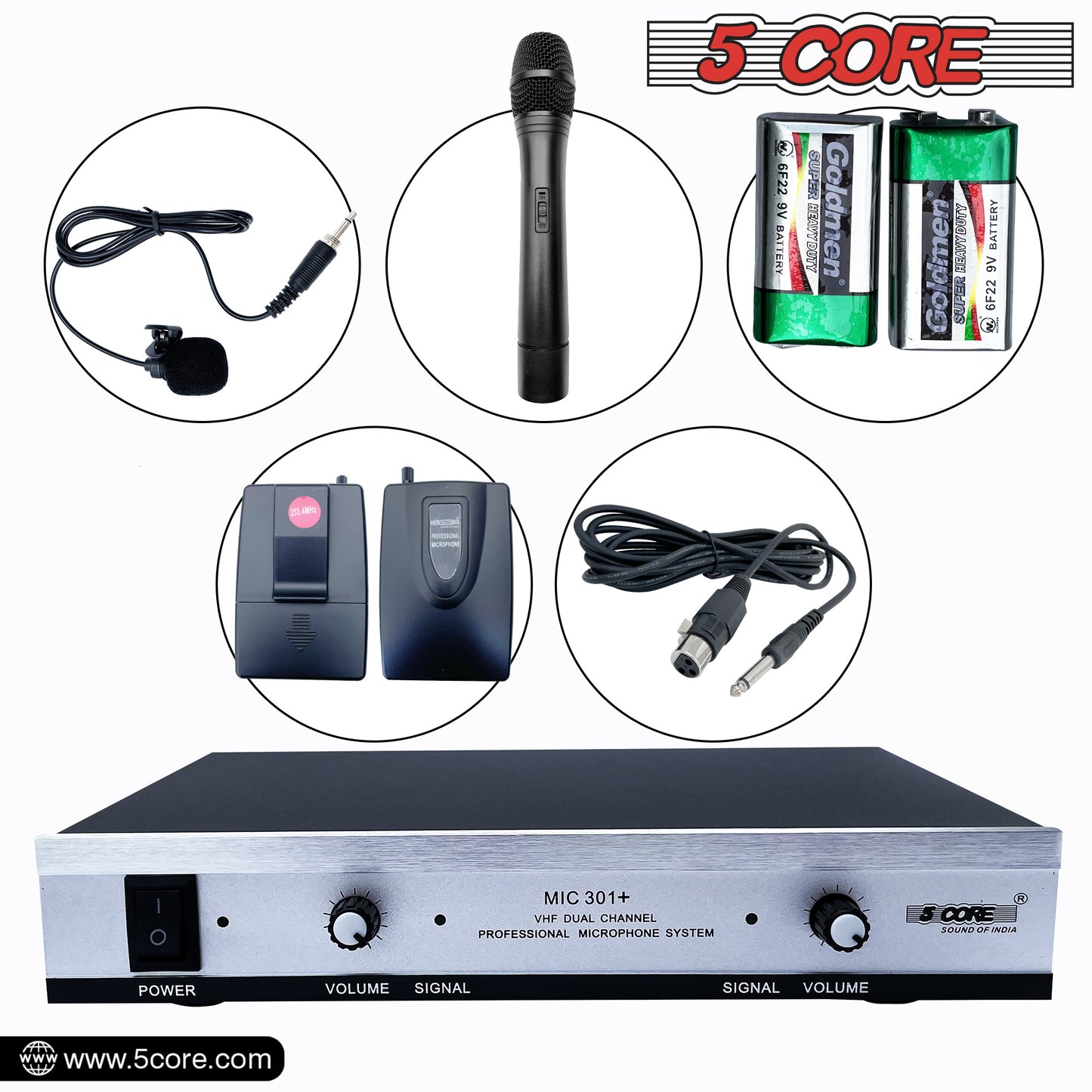 5 Core Wireless Microphone Dual Handheld Mic Cordless Receiver Dj Karaoke Singing Microphones - WM 301 1M1C BLK