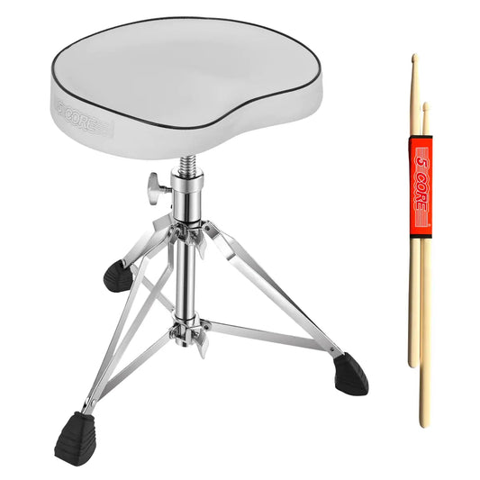 5 Core Drum Throne Saddle White Heavy Duty Height Adjustable Padded Comfortable Drum Stool Seat Chair Style with Double Braced Anti-Slip Feet & Two Drumsticks for Adults Drummers - DS CH WH SDL HD