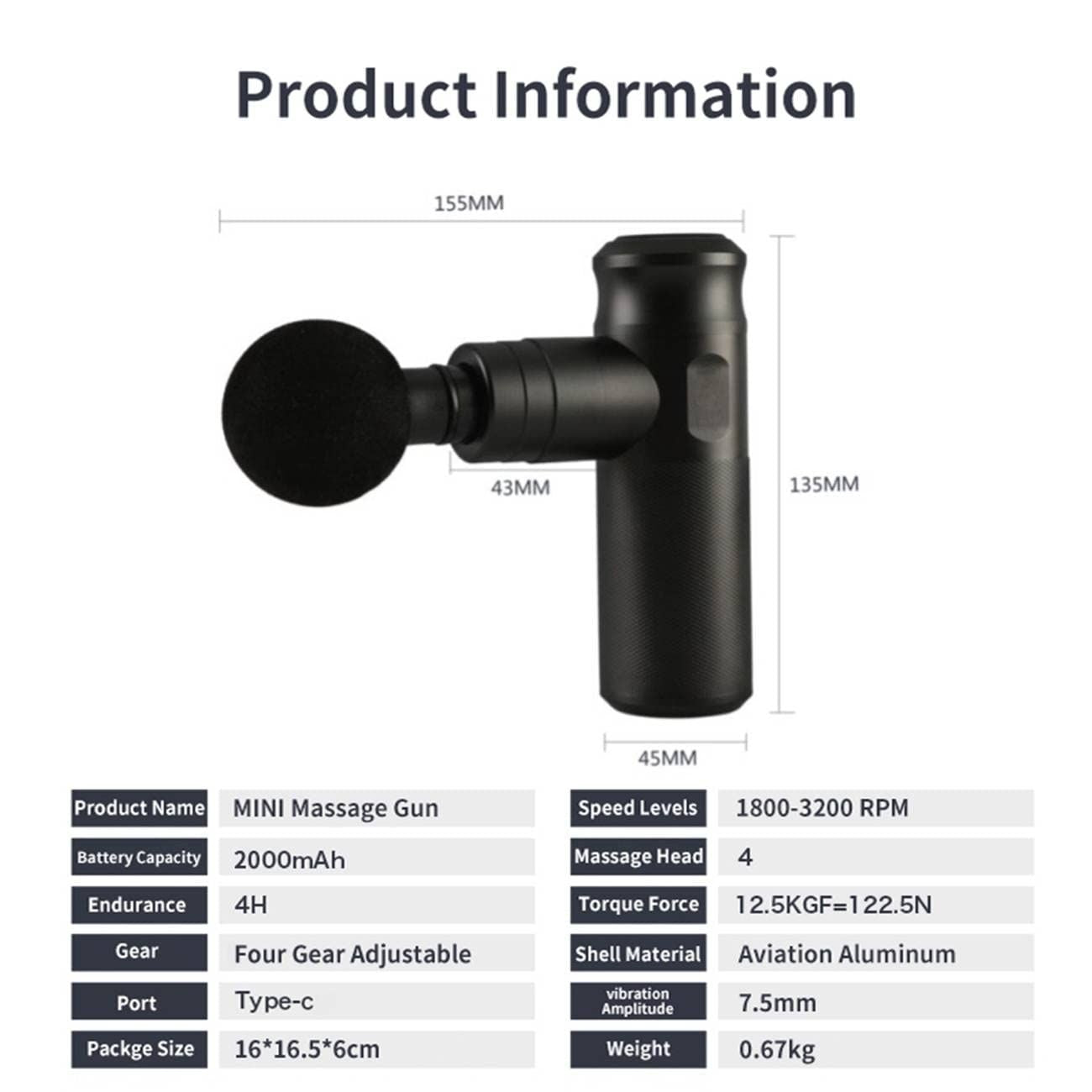 Workout Relaxation, Black Muscle Massage, Portable Body Pain Relief, Percussive Gun Deep Tissue with 4 Adjustable Speeds and 4 Heads, Muscle Massager for Office Gym Home Core Sports & Fitness