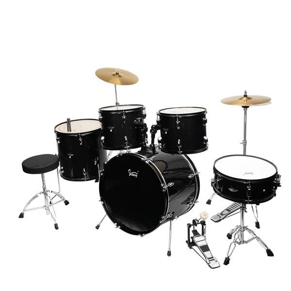 Glarry Full Size Adult Drum Set 5-Piece Black with Bass Drum, two Tom Drum, Snare Drum, Floor Tom, 16" Ride Cymbal, 14" Hi-hat Cymbals, Stool, Drum Pedal, Sticks