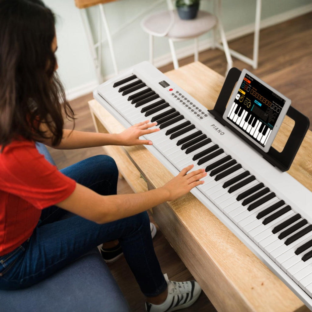 Folding Piano Keyboard 88 Keys Foldable Full Size Semi Weighted Piano Digital Electronic Piano with LCD Screen Carry Bag Mic Sheet Music Stand Sticker for Beginners Kids