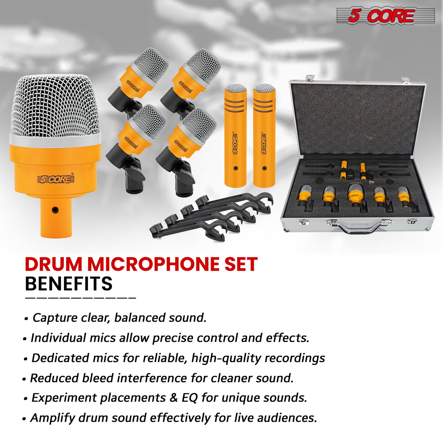 5 Core Drum Microphone Kit 7 Piece Full Metal Dynamic Wired Drums Mic Set for Drummers w Bass Tom Snare + Carrying Case Sponge & Mic Clamp for Vocal & Other Instrument Silver DM 7ACC