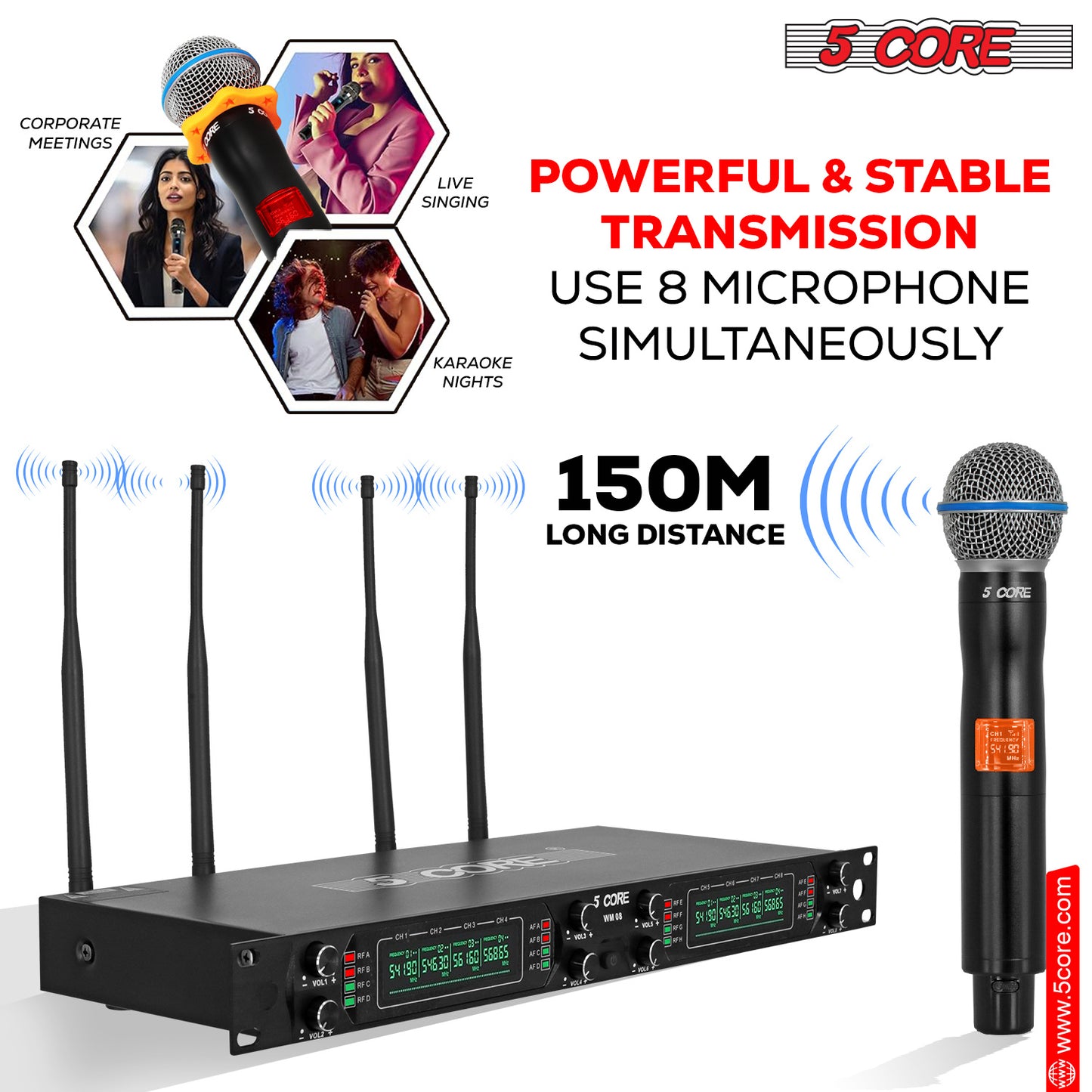 5 Core Wireless Microphones 8 Channel Dynamic Karaoke Professional UHF Singing Mic System Handheld Cordless Microfonos Inalambricos for Singer DJ Church - WM UHF HM