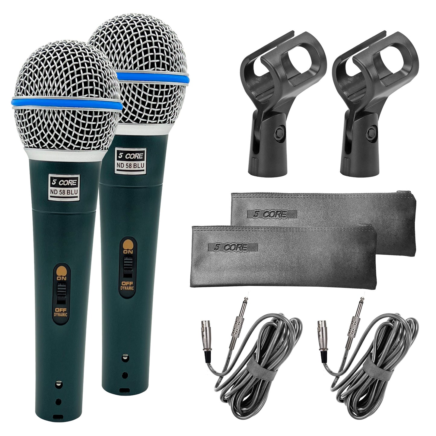 5 Core Professional Dynamic Vocal Microphone Neodymium Cardioid Unidirectional Handheld Mic for Speakers Karaoke W/Steel Mesh Grille Metal Body ON/Off Switch 16ft Detachable Cable+ Clip+Bag- ND58 BLU